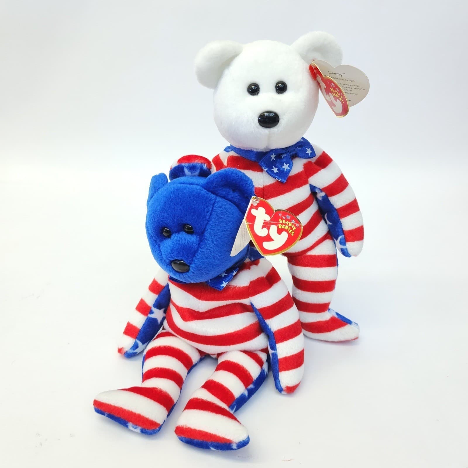 Ty Beanie Babies Liberty Bear Set of 2 Patriotic USA Flag Plush 2001 Blue White - Thumbnail 6