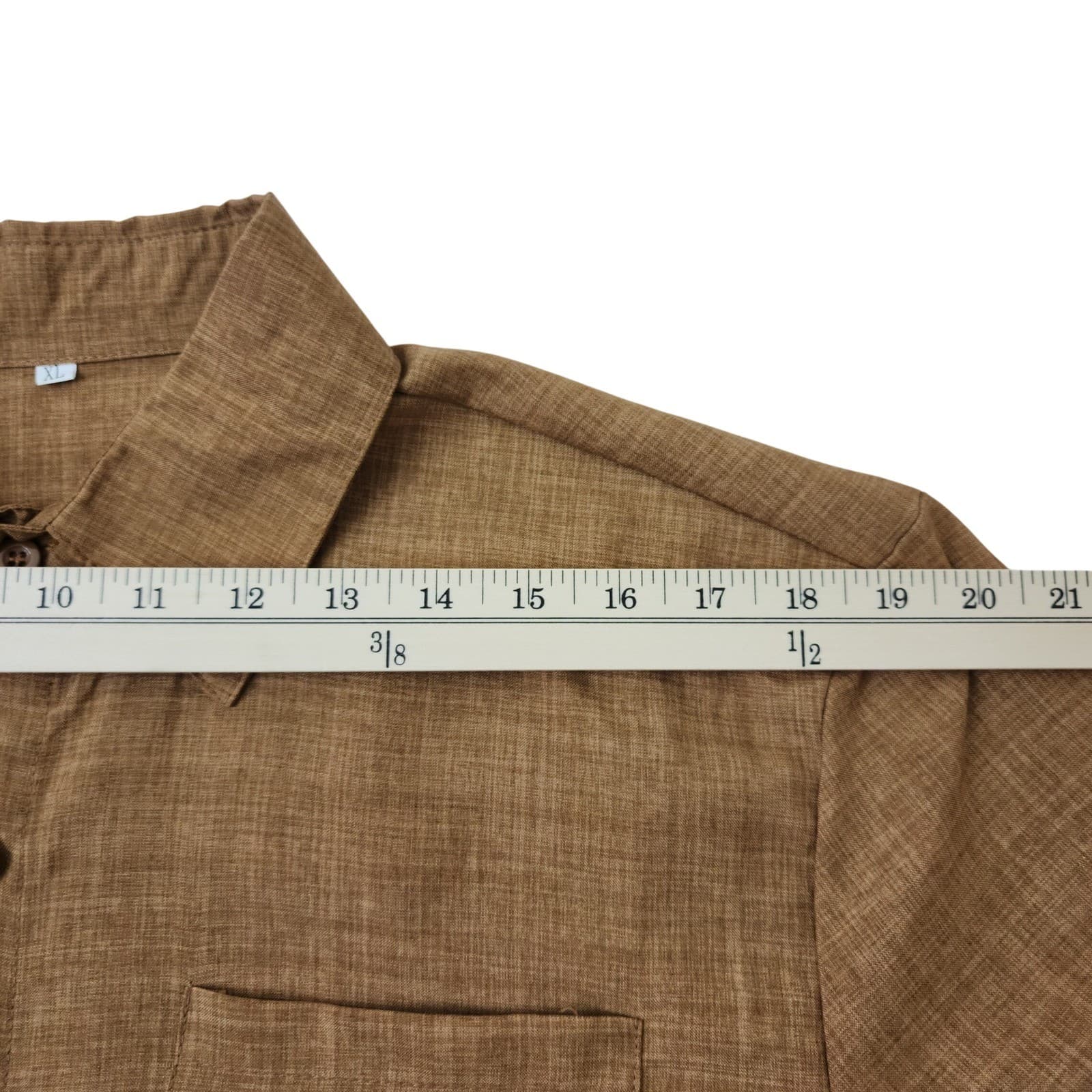 Mens XL Camel Brown Short Sleeve Button Down Shirt Slub Texture Pocket Casual - Thumbnail 4