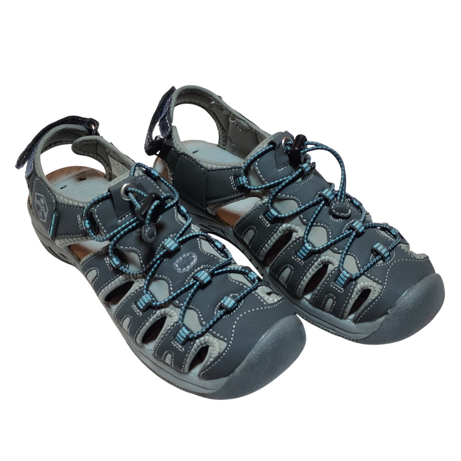 Khombu Crystal Womens 7.5 Water-Ready Sport Sandals Grey Blue Bungee Hiking Shoe