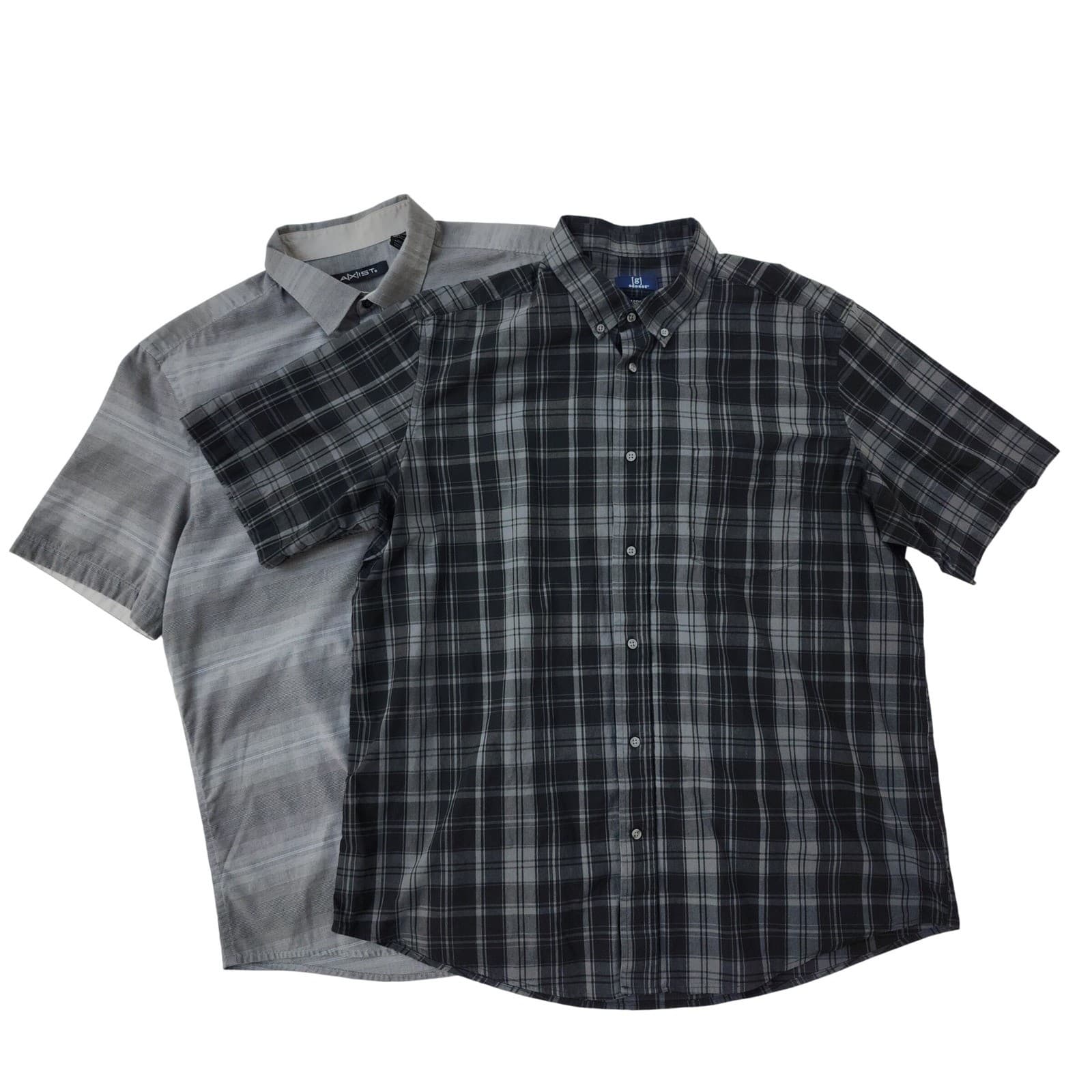 Lot of 2 George & AXIST Mens XL Short Sleeve Button Shirts Plaid Stripe Grey