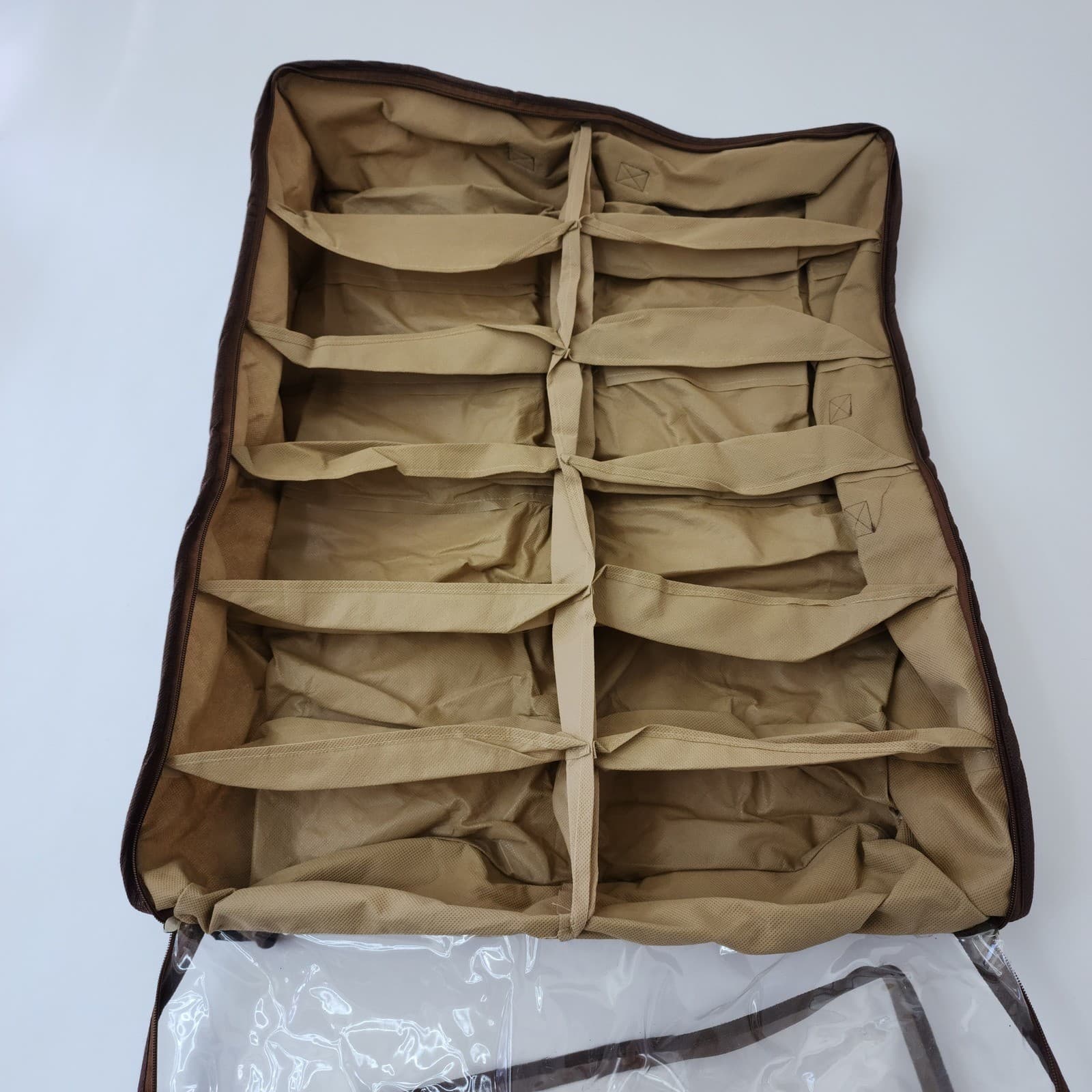 Underbed Shoe Organizer Storage Bag 12 Compartment Clear Zipper Top Tan Brown - Thumbnail 3