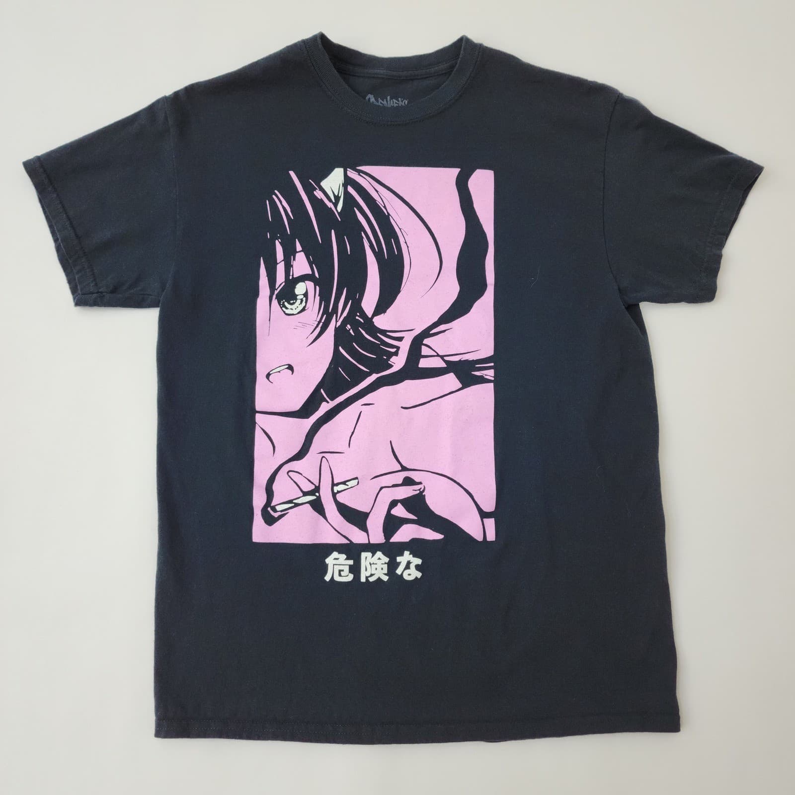 Spencer's Anime Graphic Tee Mens Medium Black Pink Manga Girl Kanji T-Shirt