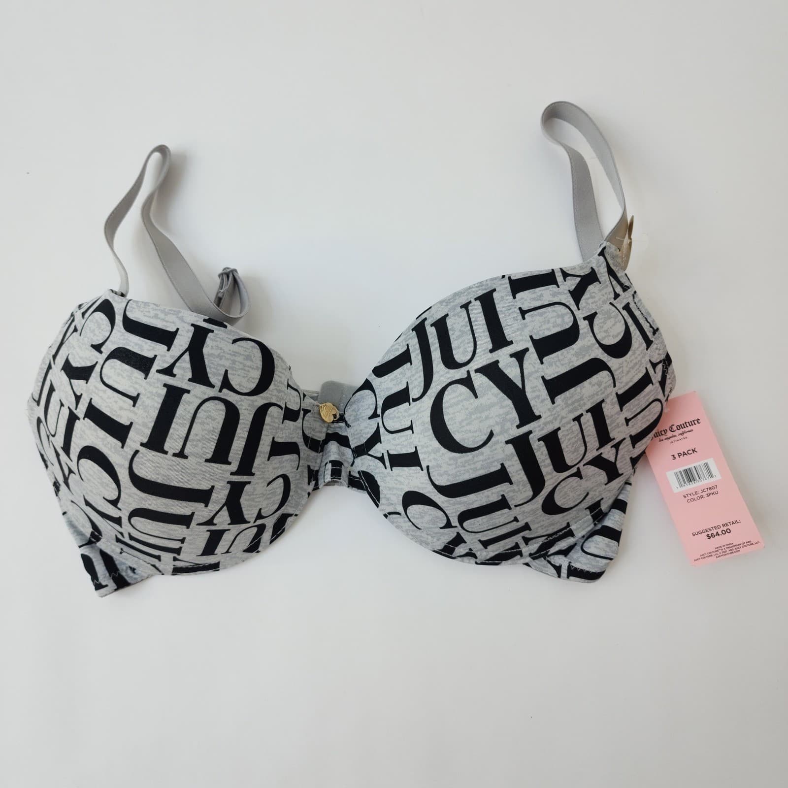 Juicy Couture 3 Pack T-Shirt Bras 36D Black Coral Grey Logo JC7807 NWT - Thumbnail 2