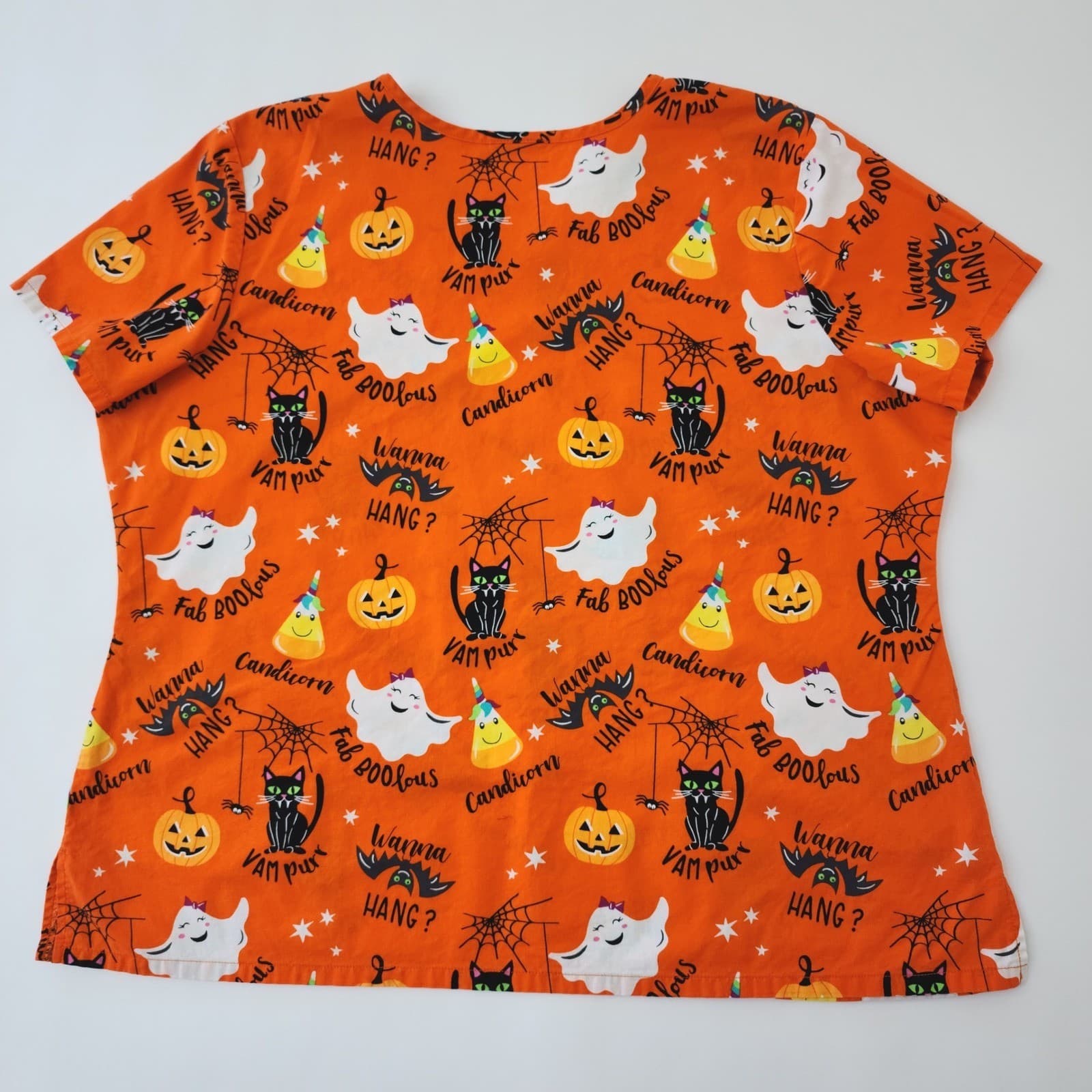 Halloween Scrub Top Orange Ghost Cat Pumpkin V-Neck Medical Uniform XL - Thumbnail 5