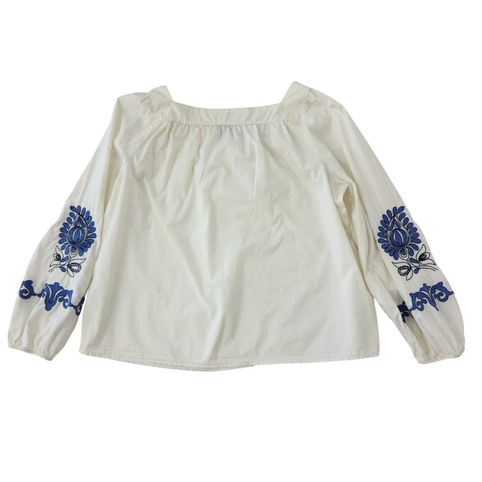 St John's Bay Womens XL Off White Blue Embroidered Peasant Blouse Square Neck - Thumbnail 2