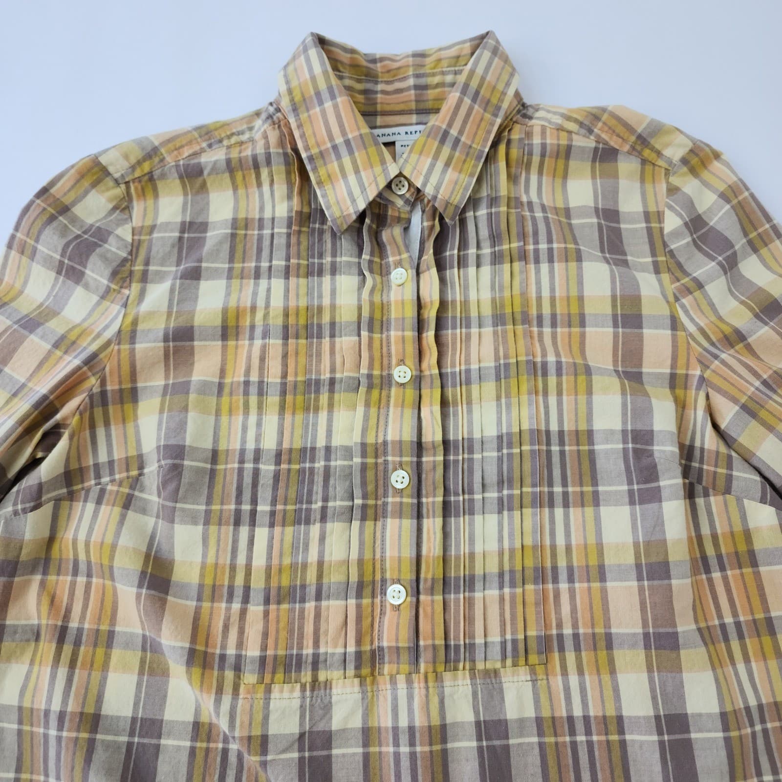 Banana Republic Petite Small Yellow Plaid Pleated Bib Cotton Popover Blouse - Thumbnail 5