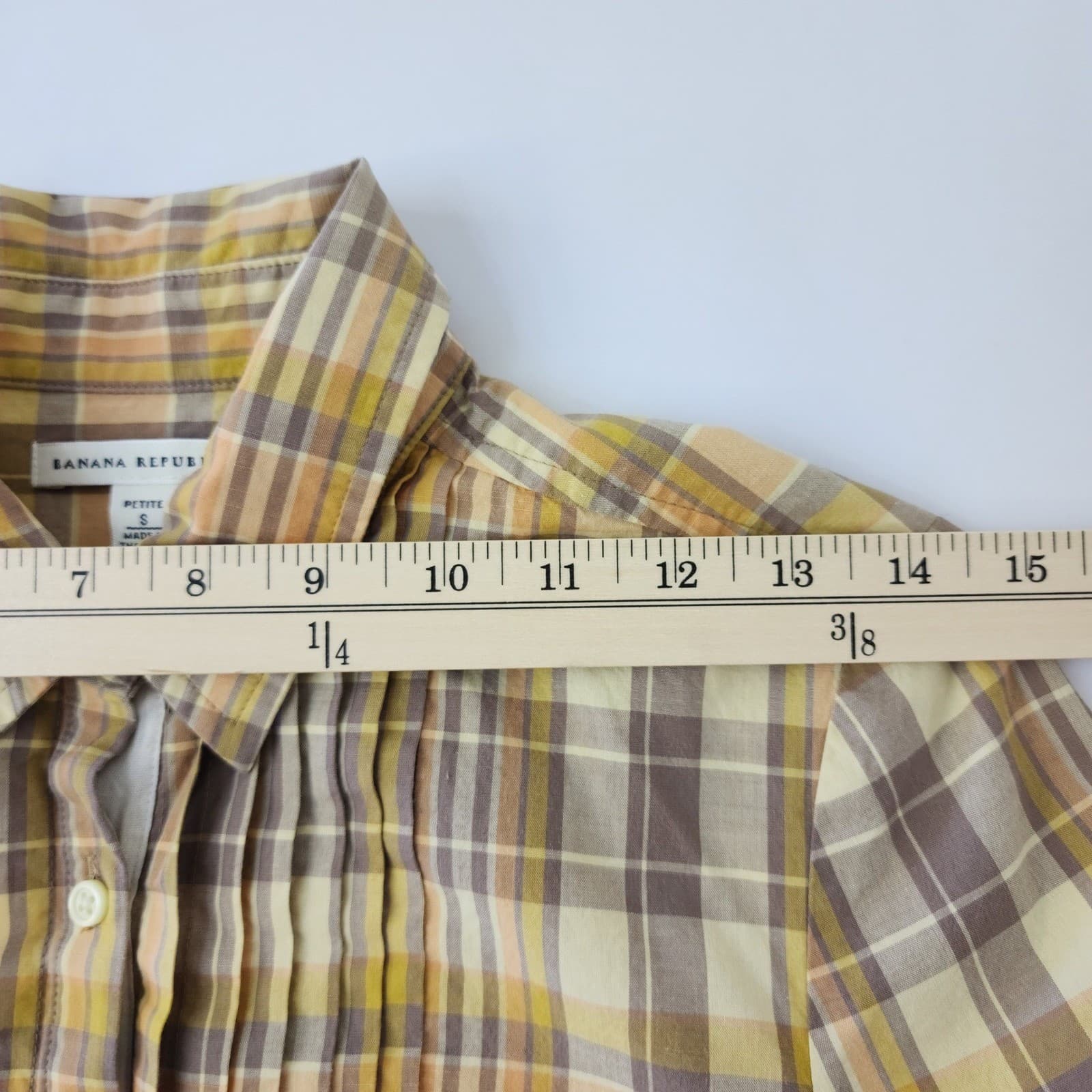 Banana Republic Petite Small Yellow Plaid Pleated Bib Cotton Popover Blouse - Thumbnail 8