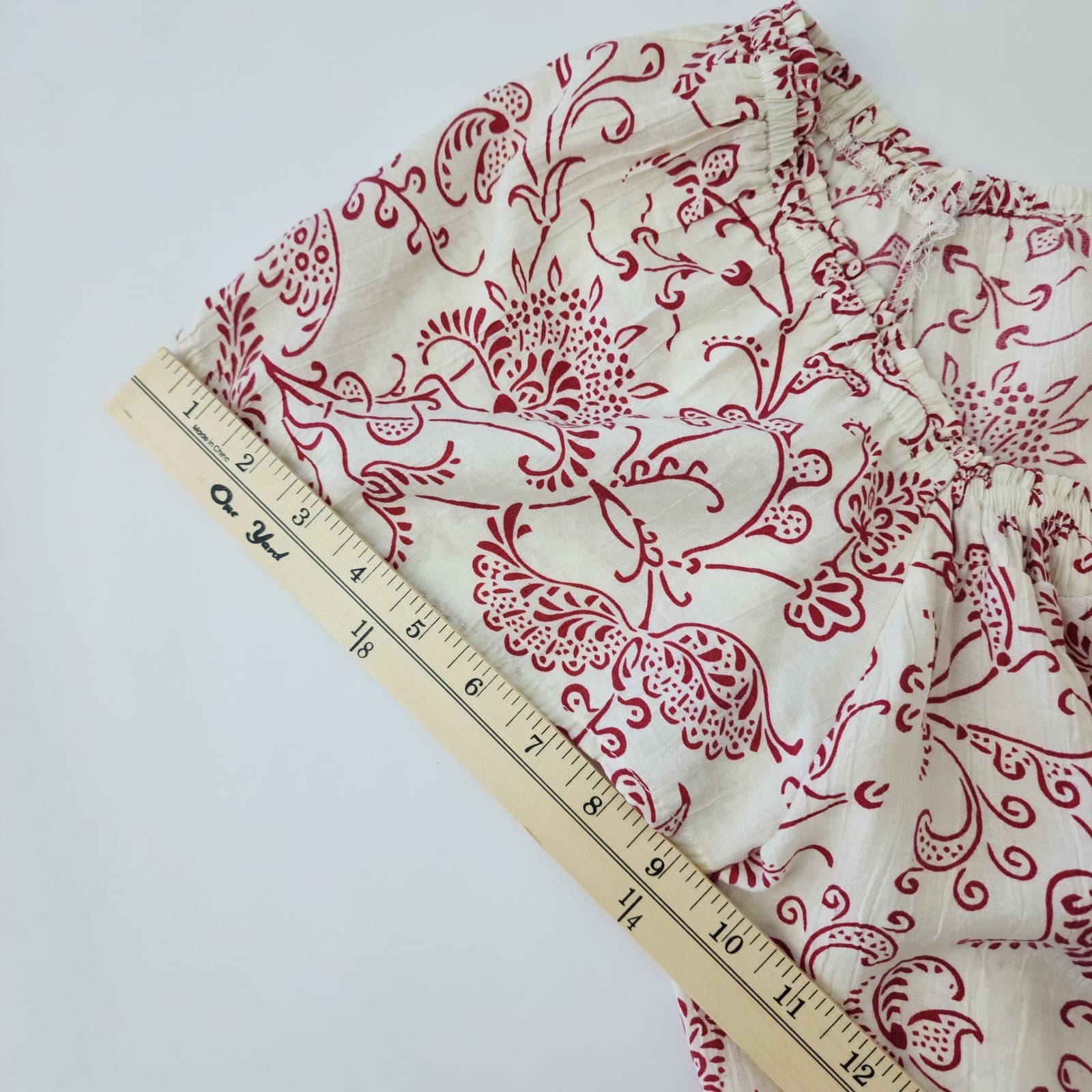 BloomChic Red Cream Floral Paisley Peasant Blouse Short Sleeve Square Neck Sz 12 - Thumbnail 7