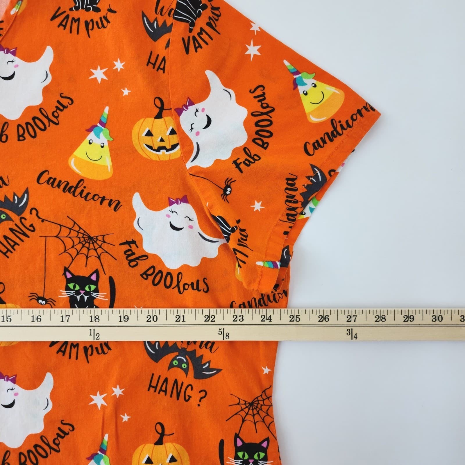 Halloween Scrub Top Orange Ghost Cat Pumpkin V-Neck Medical Uniform XL - Thumbnail 3