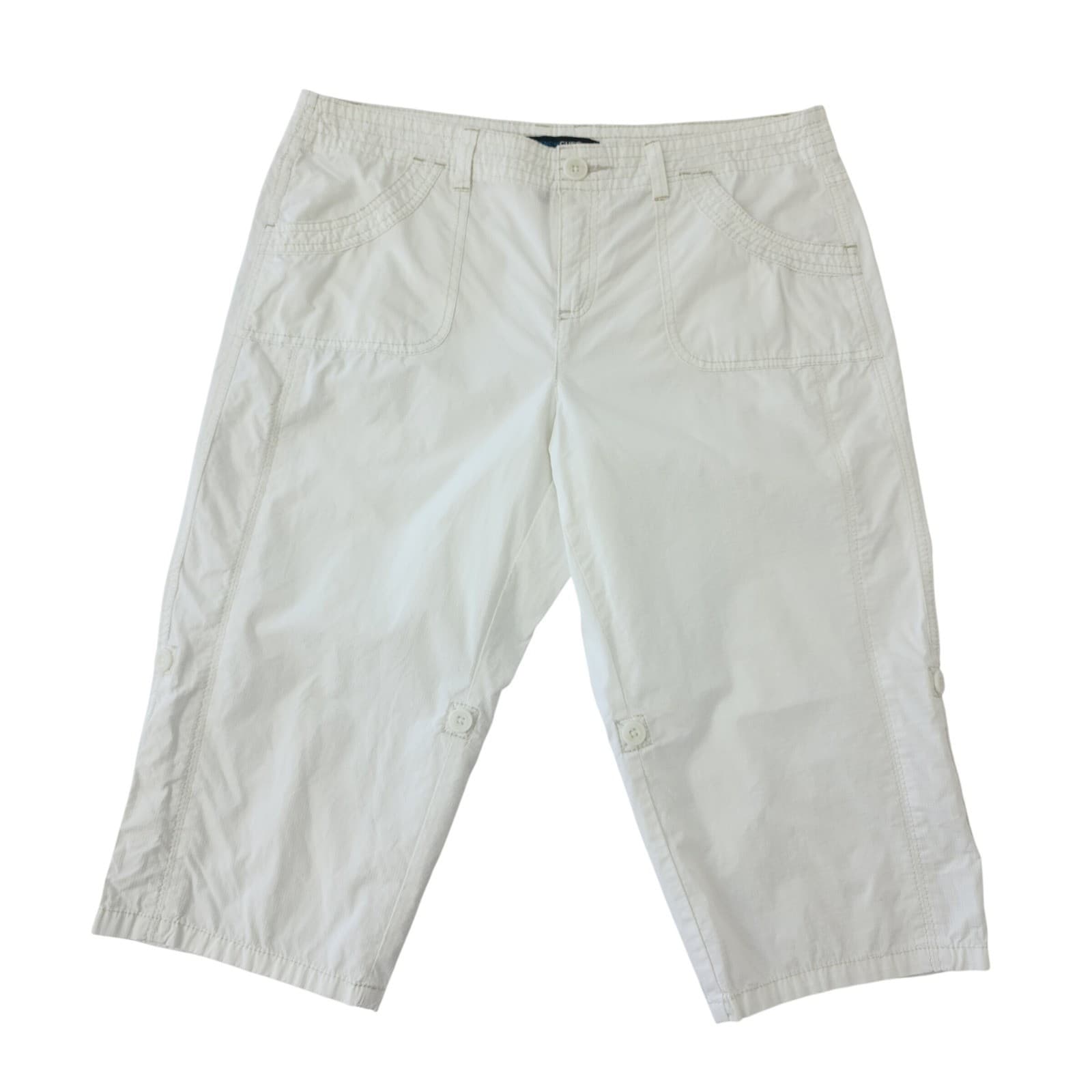 French Cuff White Ripstop Cotton Capri Pants Womens 14P Petite Roll Tab Crop
