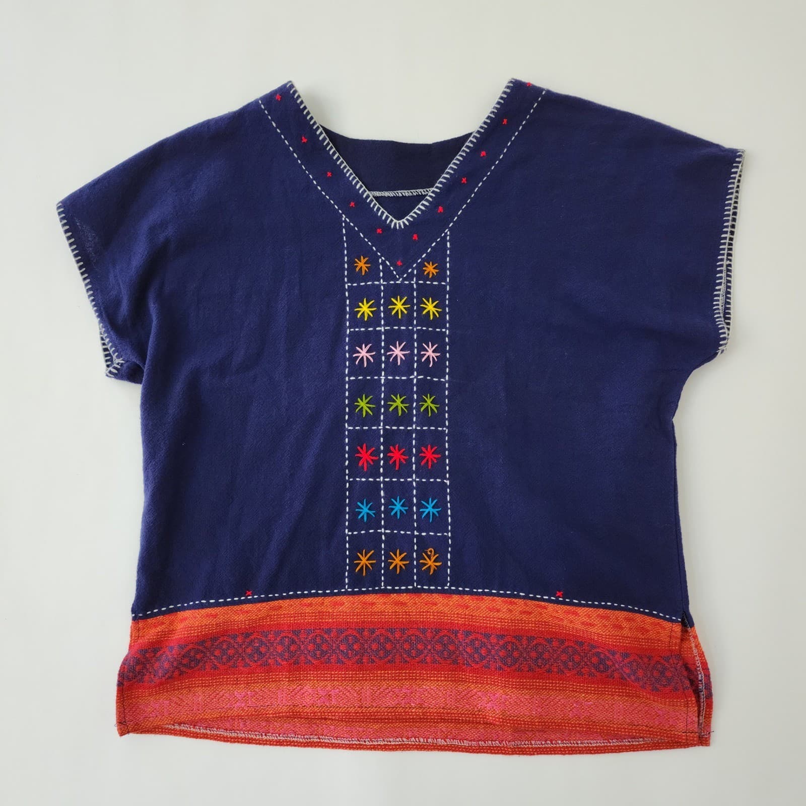 Artisan Hand Embroidered Indigo Blue Cotton Boho V-Neck Blouse Top TS 127