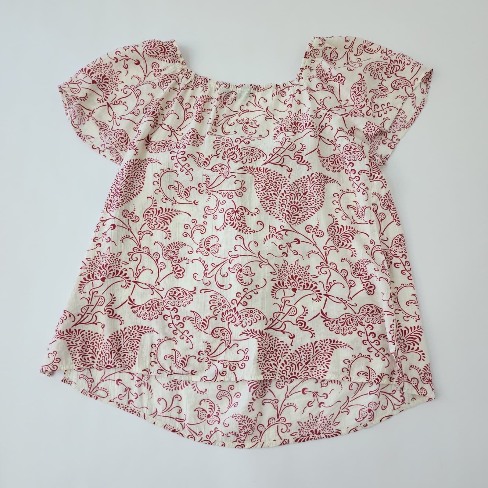 BloomChic Red Cream Floral Paisley Peasant Blouse Short Sleeve Square Neck Sz 12 - Thumbnail 2