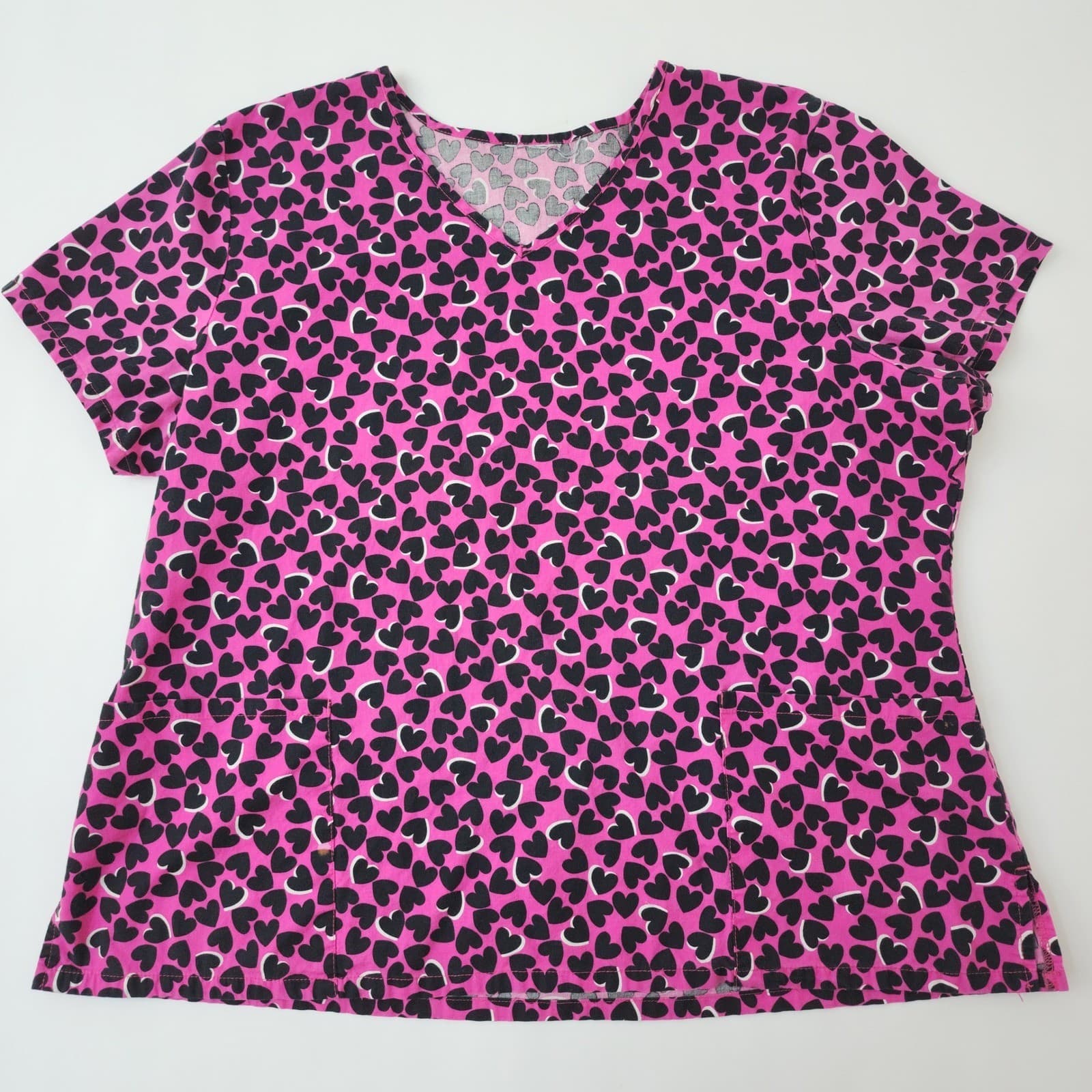 Pink Heart Print V-Neck Scrub Top Short Sleeve Two Pocket Medical Uniform XL