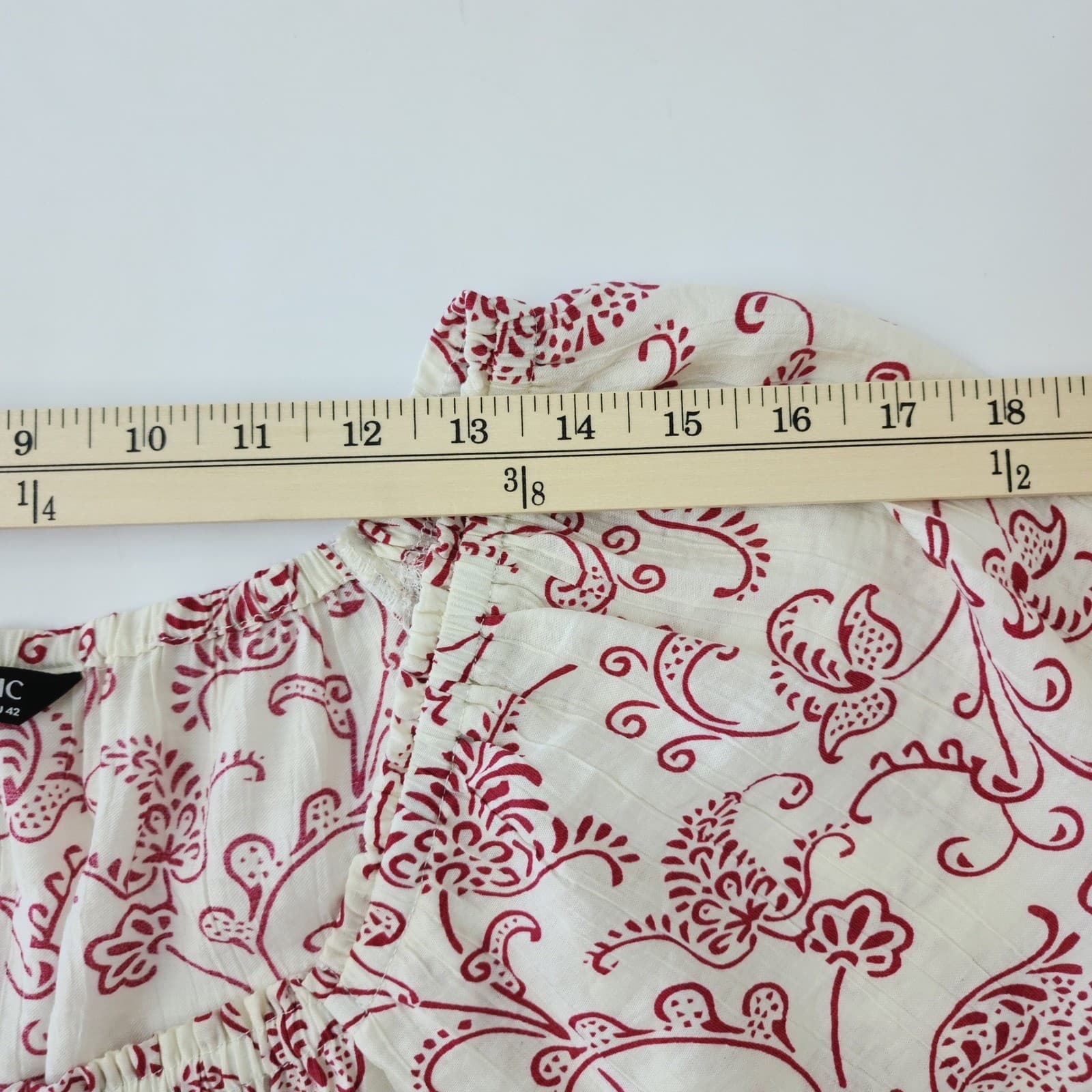 BloomChic Red Cream Floral Paisley Peasant Blouse Short Sleeve Square Neck Sz 12 - Thumbnail 6
