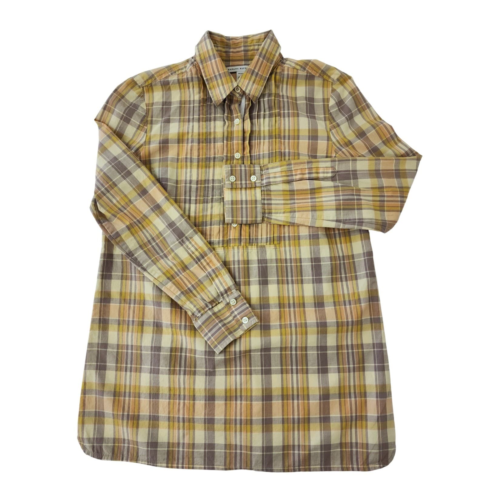 Banana Republic Petite Small Yellow Plaid Pleated Bib Cotton Popover Blouse