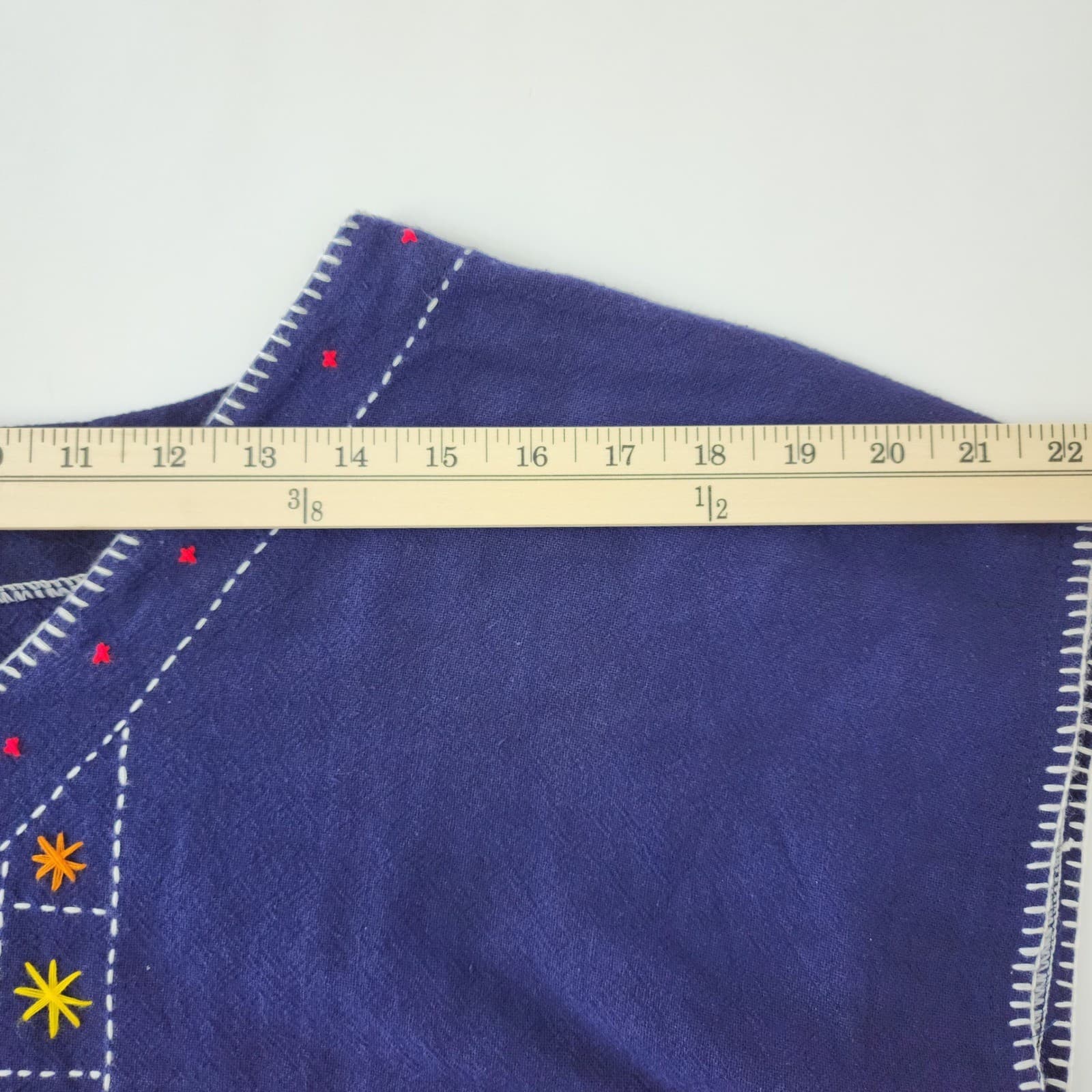 Artisan Hand Embroidered Indigo Blue Cotton Boho V-Neck Blouse Top TS 127 - Thumbnail 4