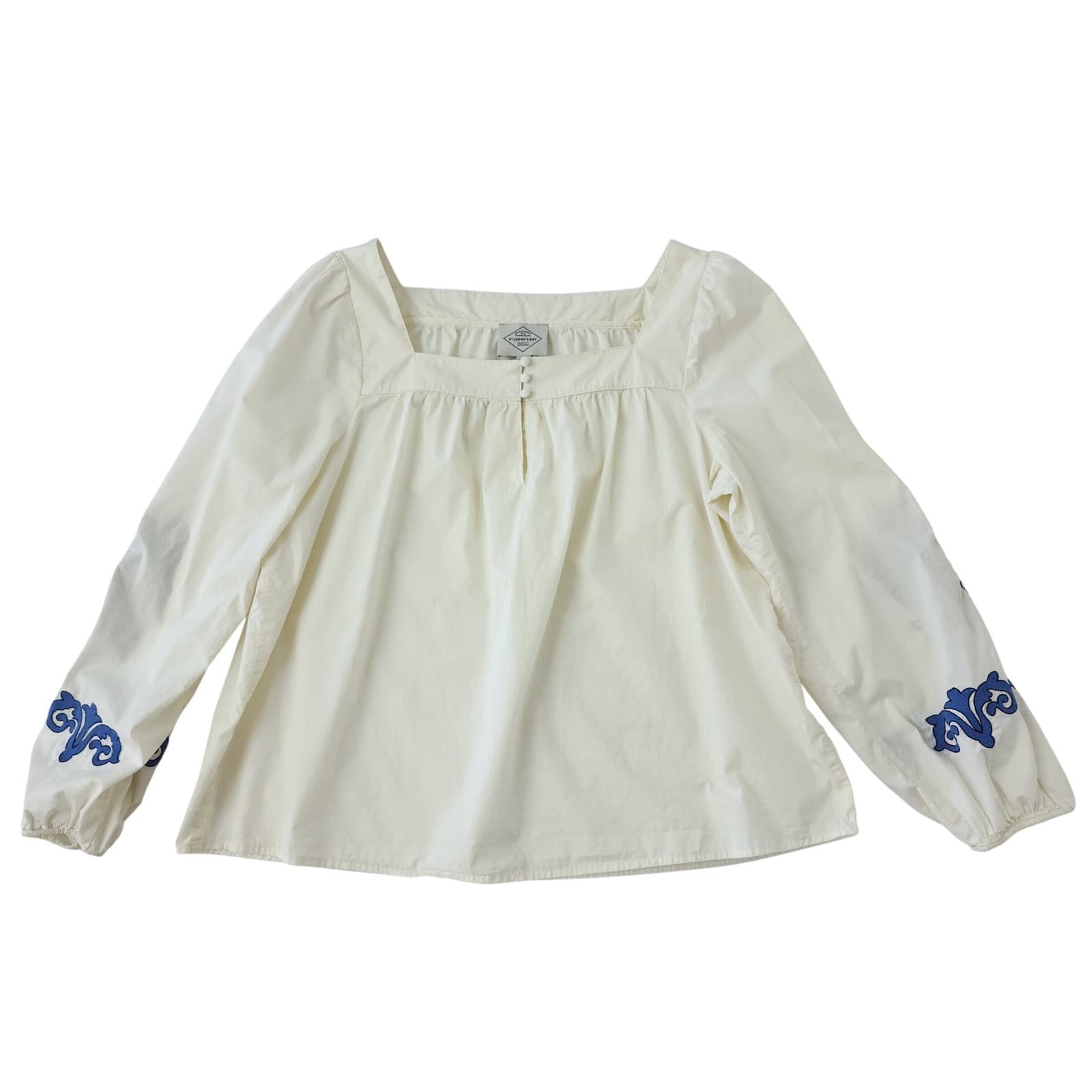 St John's Bay Womens XL Off White Blue Embroidered Peasant Blouse Square Neck
