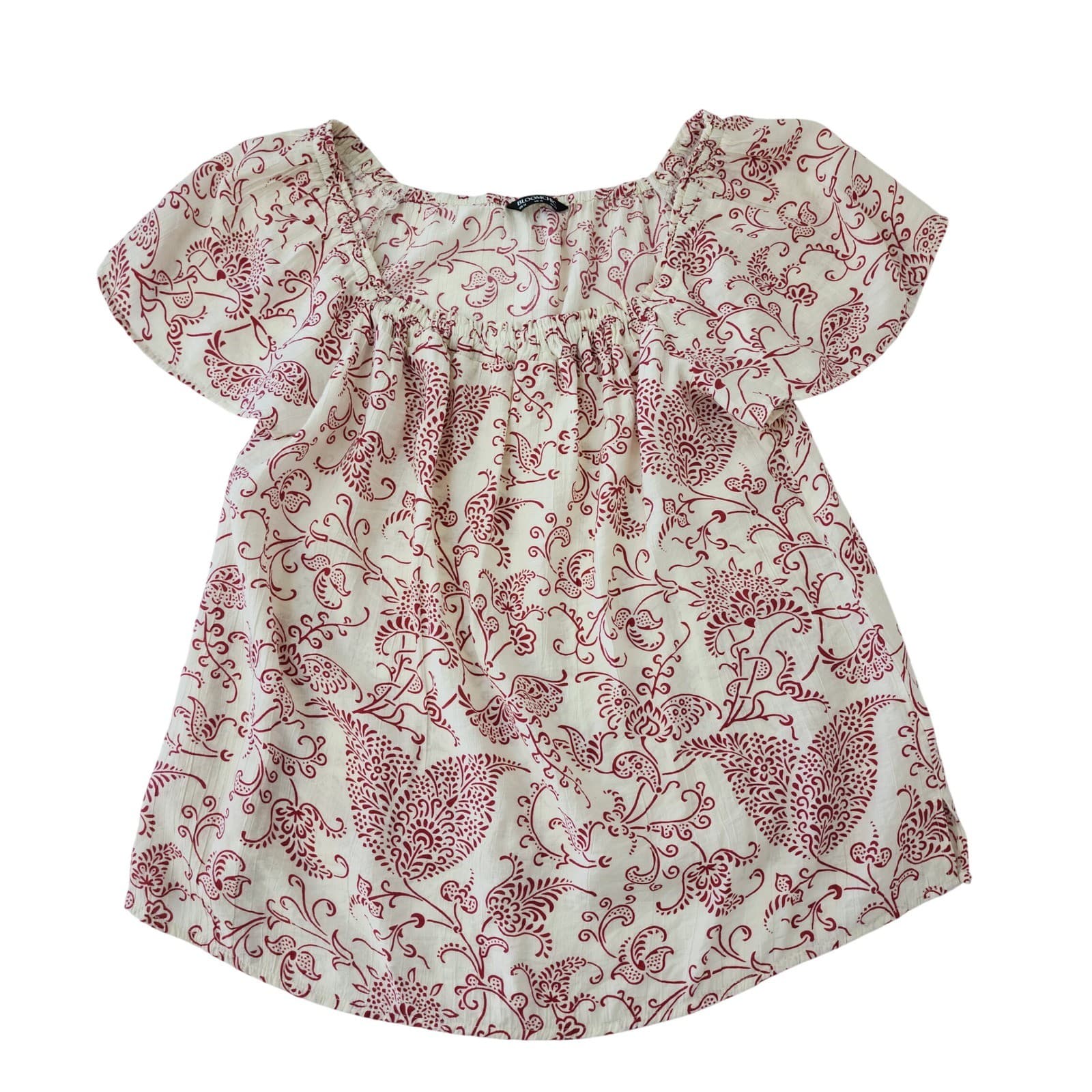 BloomChic Red Cream Floral Paisley Peasant Blouse Short Sleeve Square Neck Sz 12