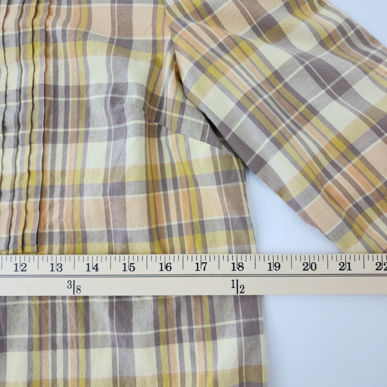 Banana Republic Petite Small Yellow Plaid Pleated Bib Cotton Popover Blouse - Thumbnail 7
