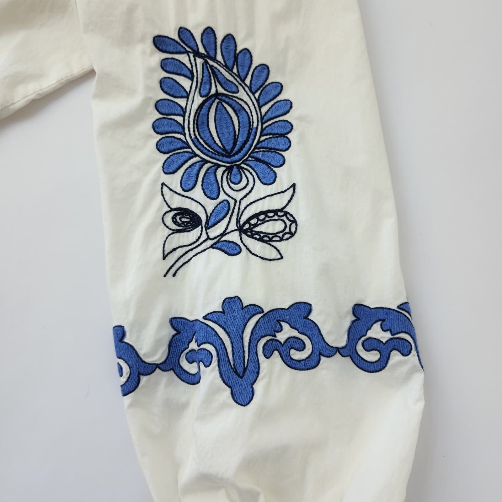 St John's Bay Womens XL Off White Blue Embroidered Peasant Blouse Square Neck - Thumbnail 5
