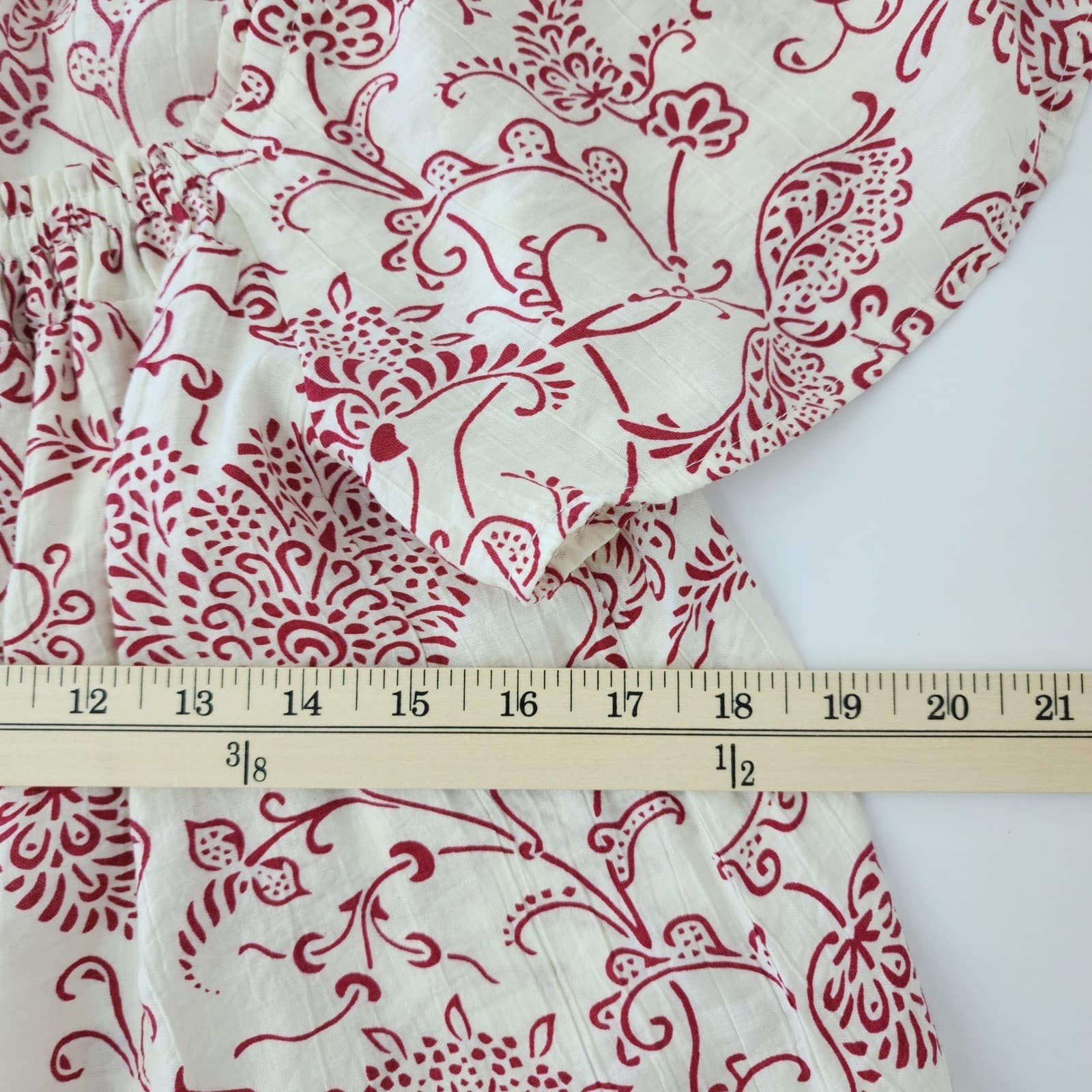 BloomChic Red Cream Floral Paisley Peasant Blouse Short Sleeve Square Neck Sz 12 - Thumbnail 5