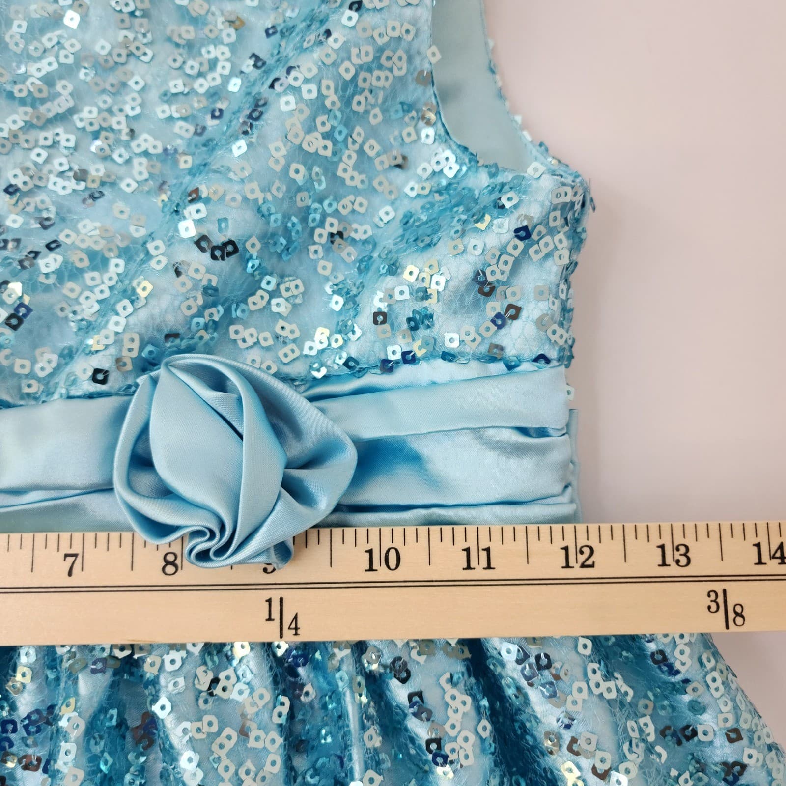 American Princess Girls Blue Sequin Formal Party Dress Size 12 Rosette Bow - Thumbnail 6