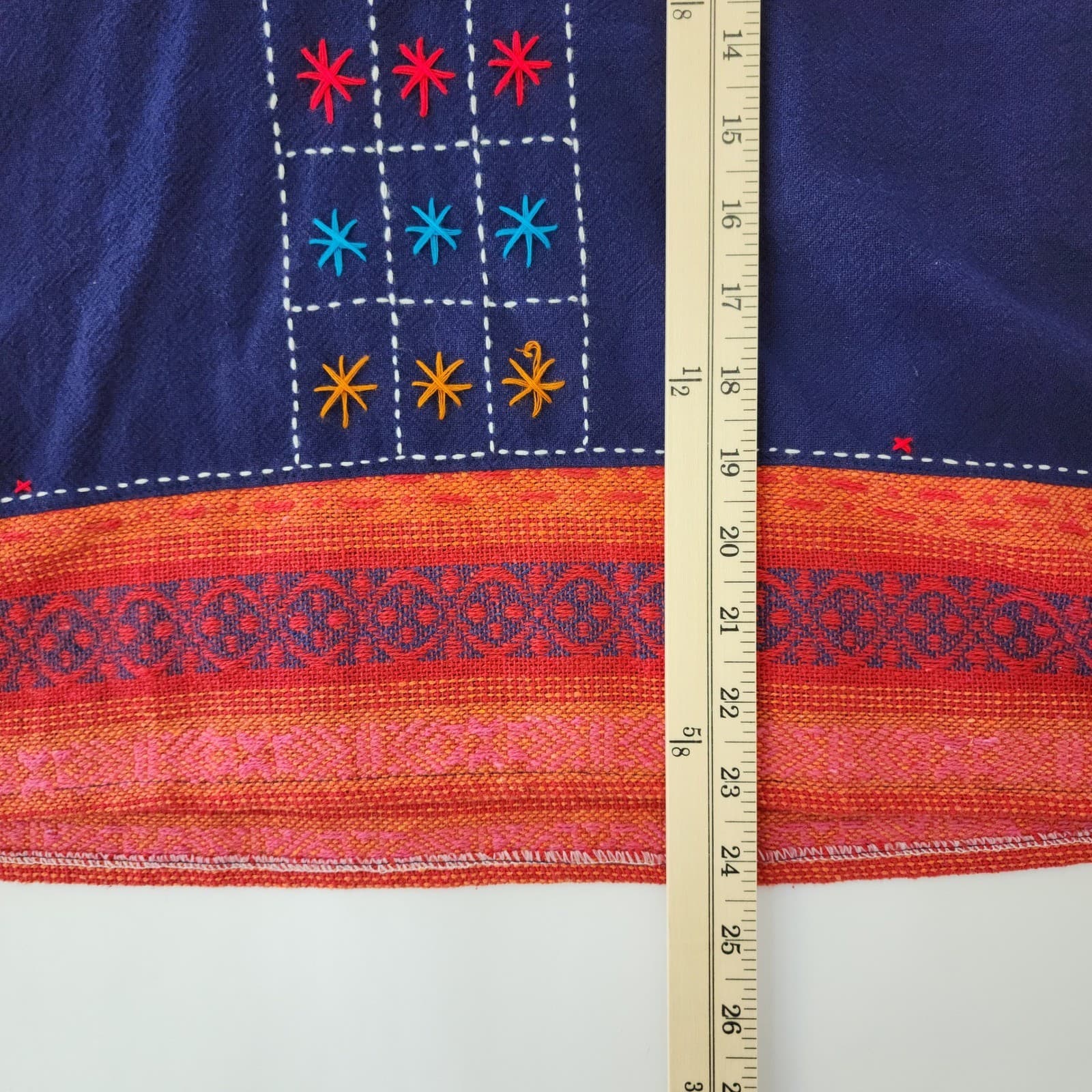 Artisan Hand Embroidered Indigo Blue Cotton Boho V-Neck Blouse Top TS 127 - Thumbnail 2