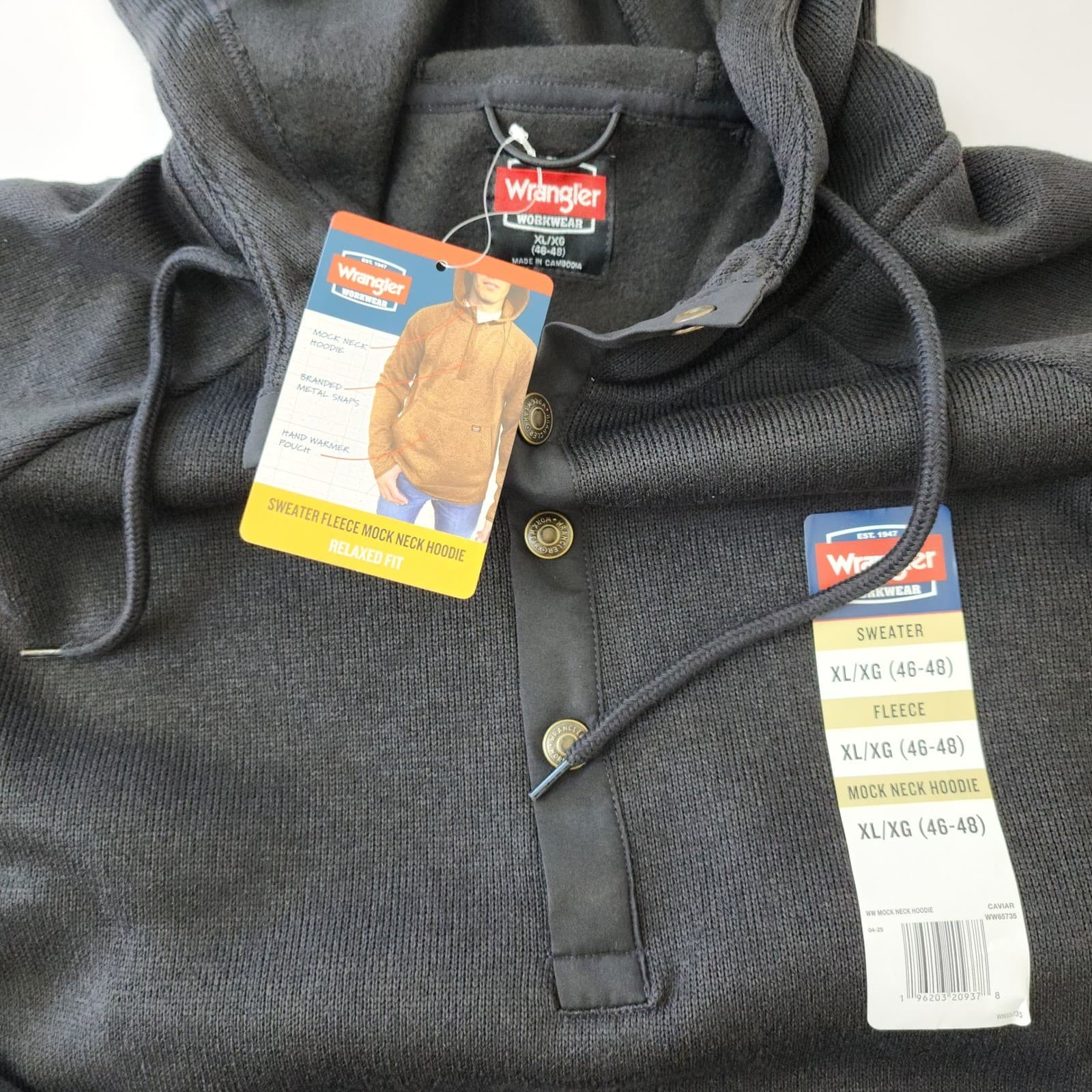 Wrangler Workwear Mens XL Sweater Fleece Mock Neck Hoodie Caviar Black Relaxed - Thumbnail 4