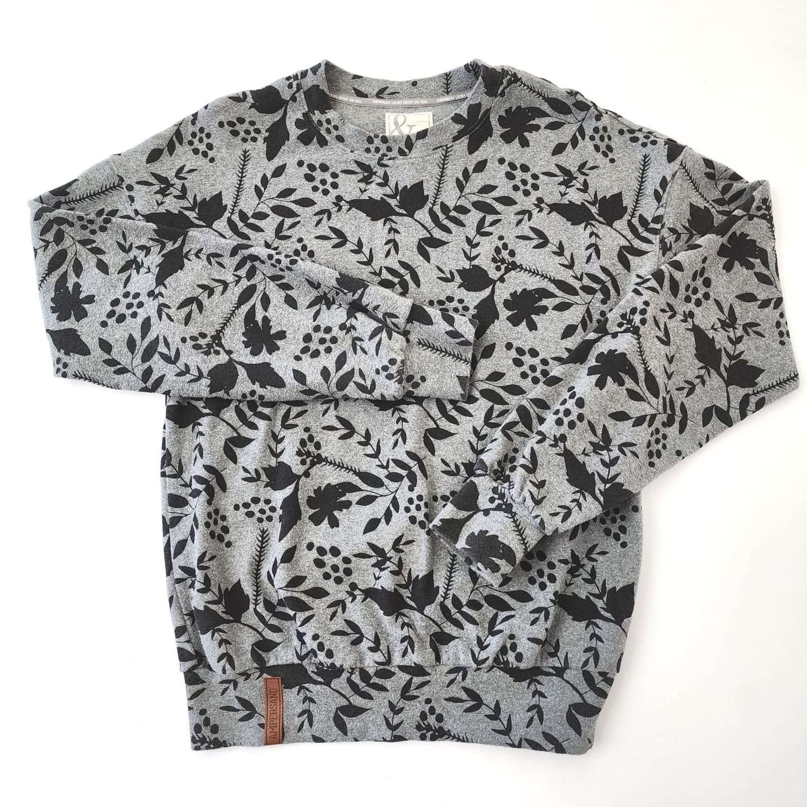 Ampersand Avenue Gray Black Floral Botanical Crewneck Sweatshirt XS Pullover