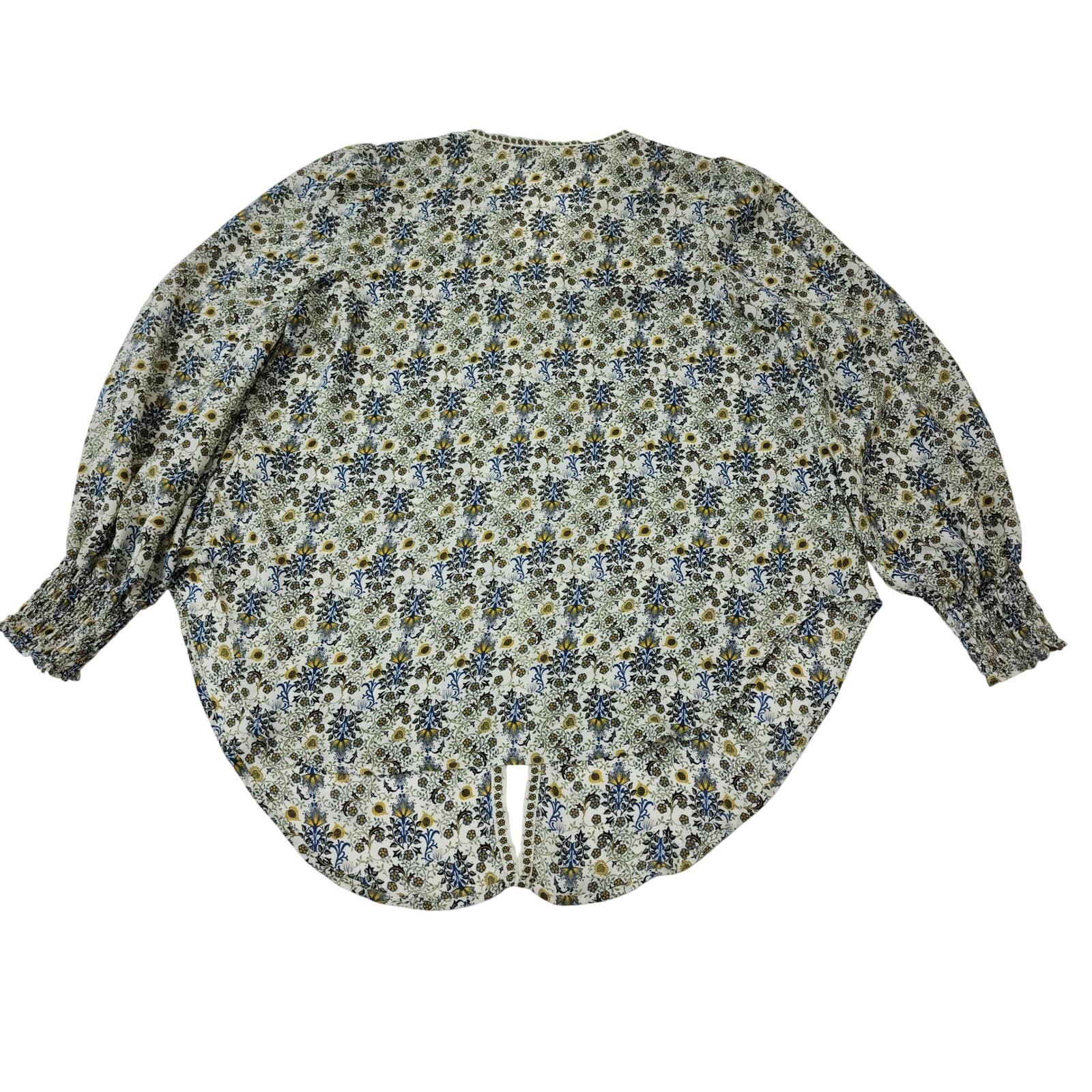 Max Studio Floral V-Neck Blouse XL Blue Green White Smocked Cuff Long Sleeve Top - Thumbnail 3
