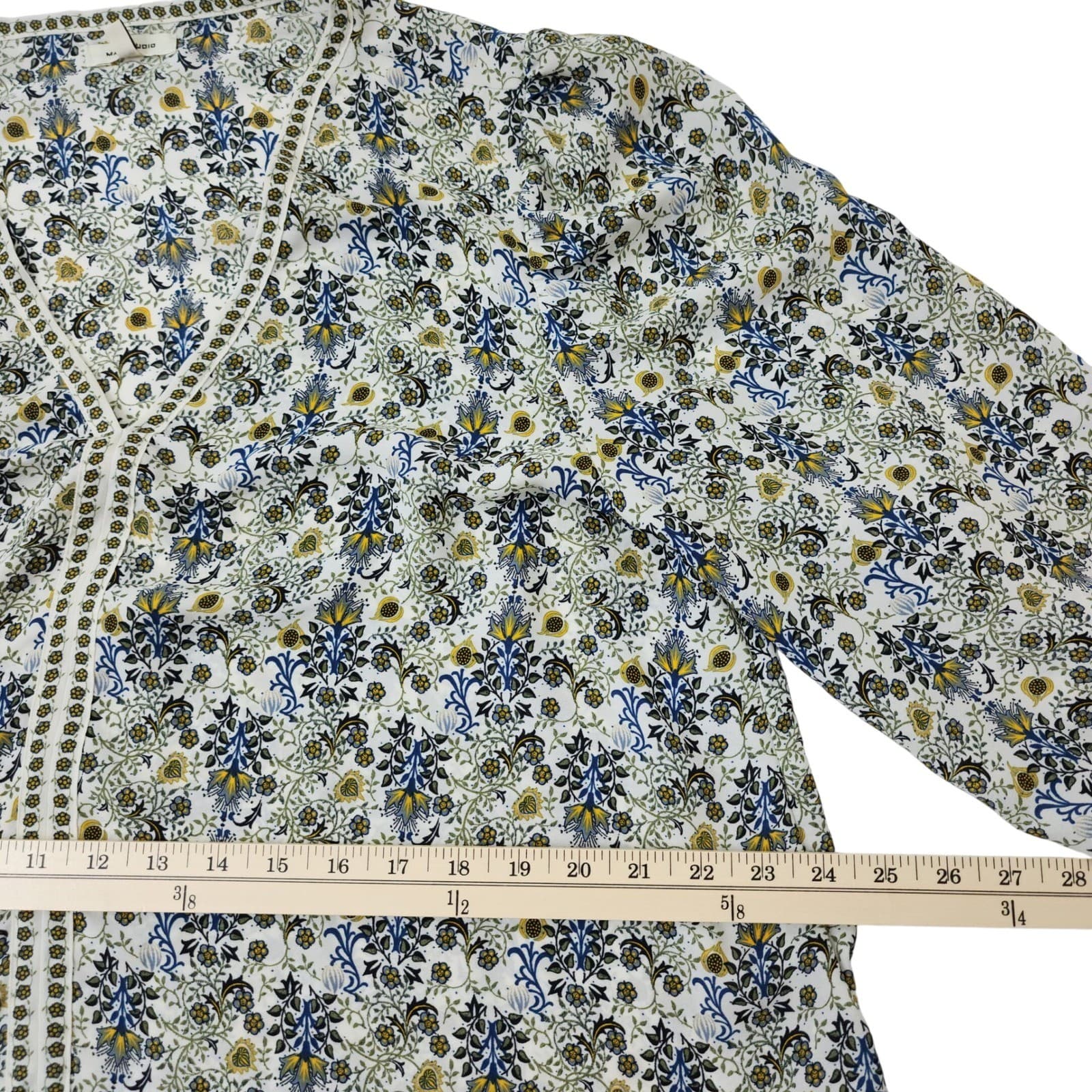 Max Studio Floral V-Neck Blouse XL Blue Green White Smocked Cuff Long Sleeve Top - Thumbnail 5