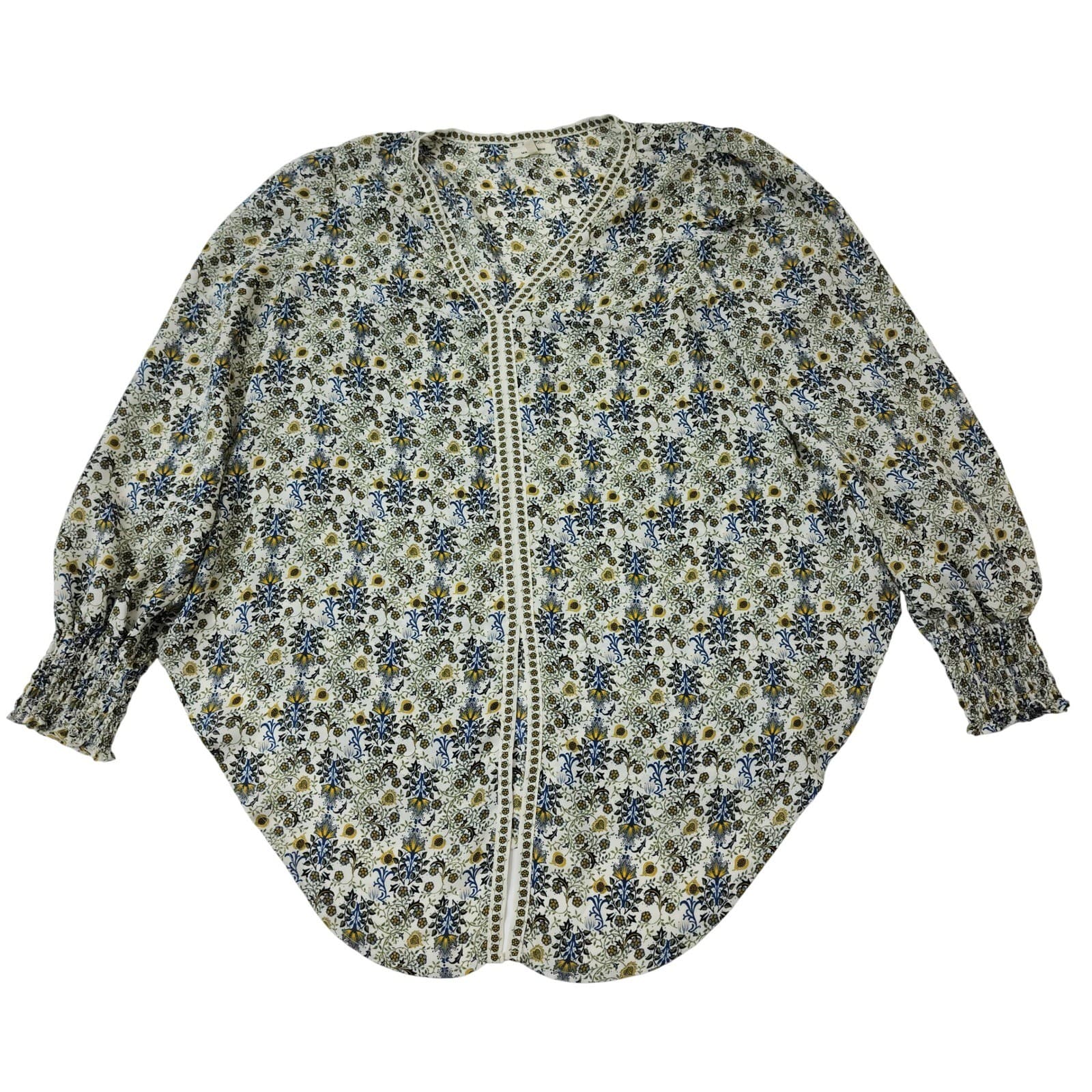 Max Studio Floral V-Neck Blouse XL Blue Green White Smocked Cuff Long Sleeve Top