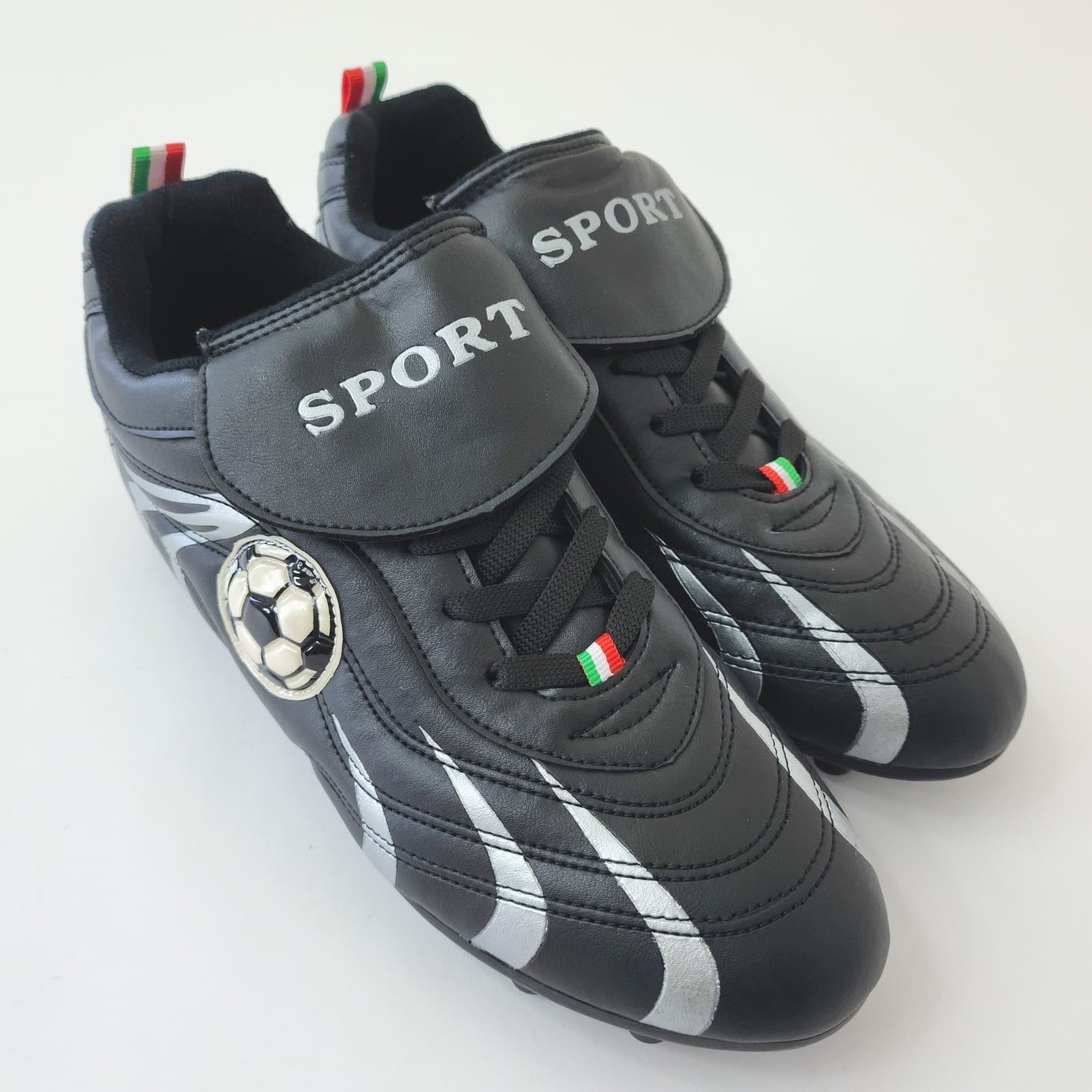 Sport Men's Soccer Cleats Black Silver Italian Flag Firm Ground Shoes Size 10