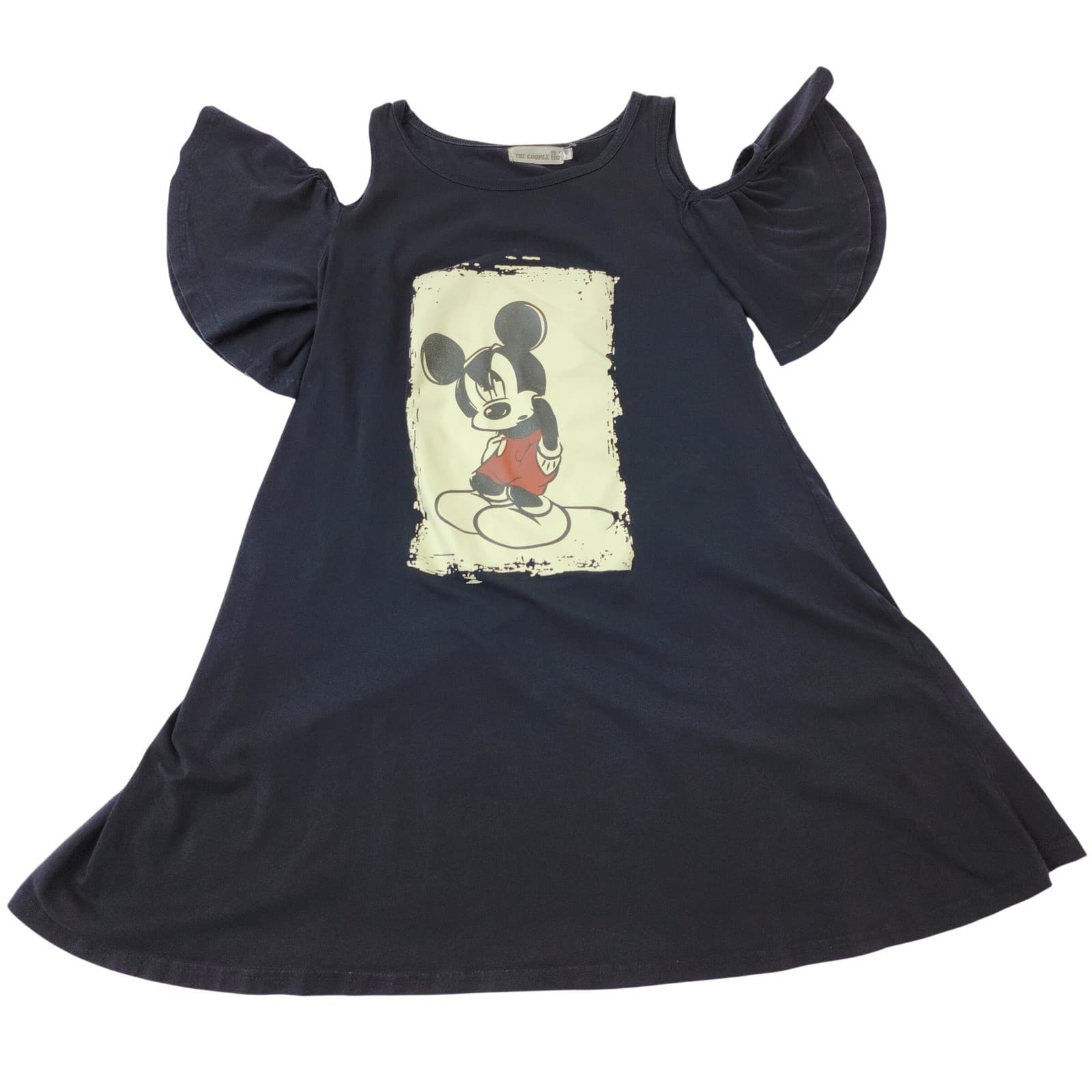 The Couple FG Mickey Mouse Cold Shoulder Flutter Sleeve Graphic Dress Navy Blue
