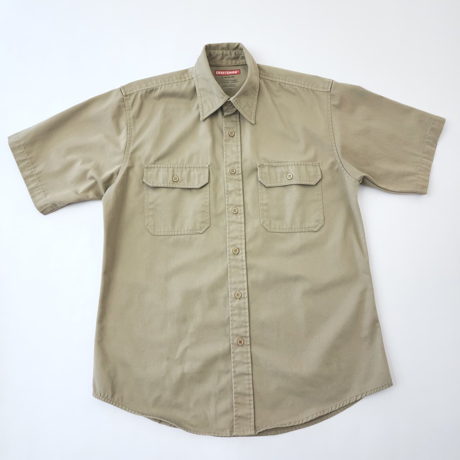Craftsman Mens Khaki Short Sleeve Button Down Work Shirt Size M 38-40 Tan Twill