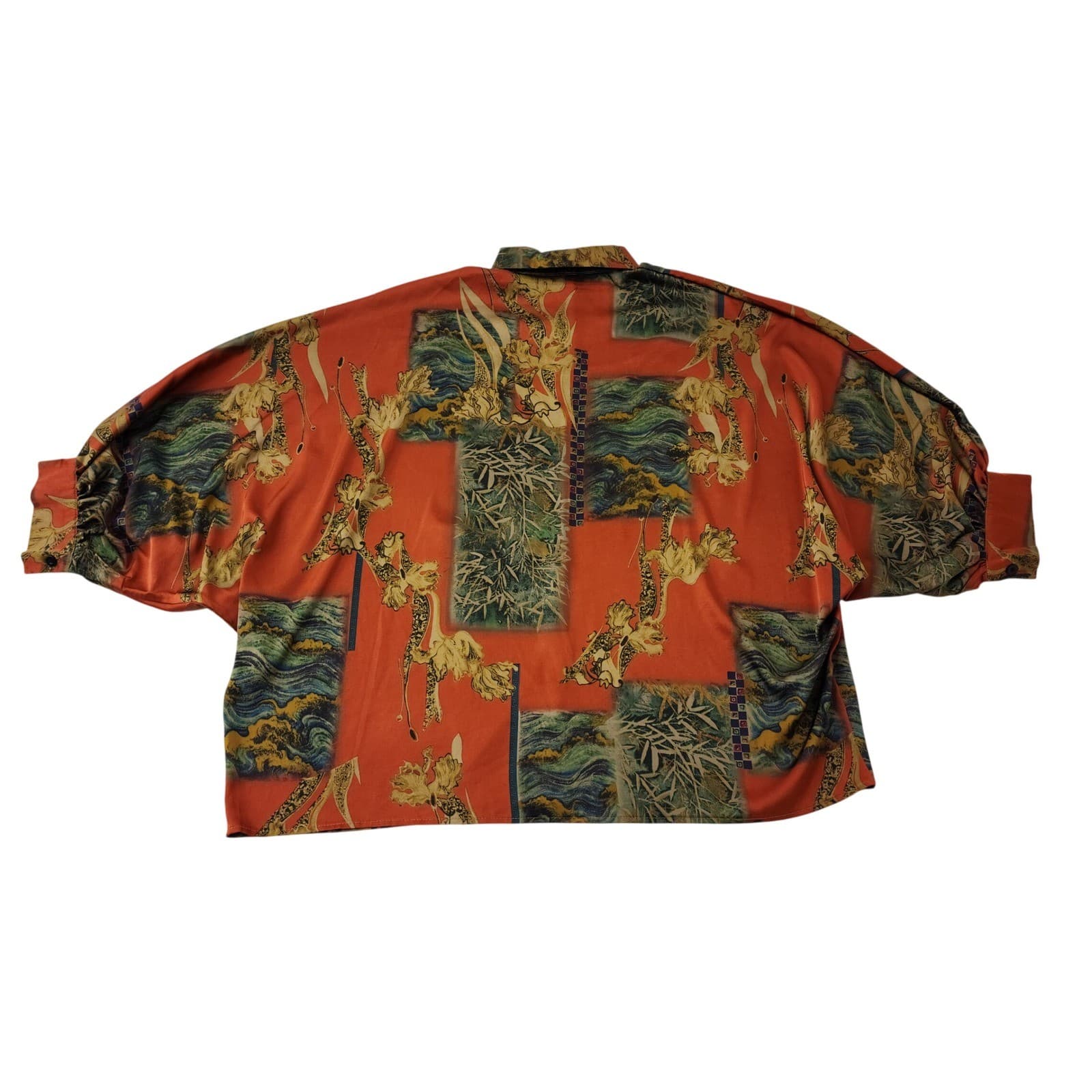 Vintage Style Orange Asian Dragon Bamboo Print Batwing Button Up Blouse Top - Thumbnail 5