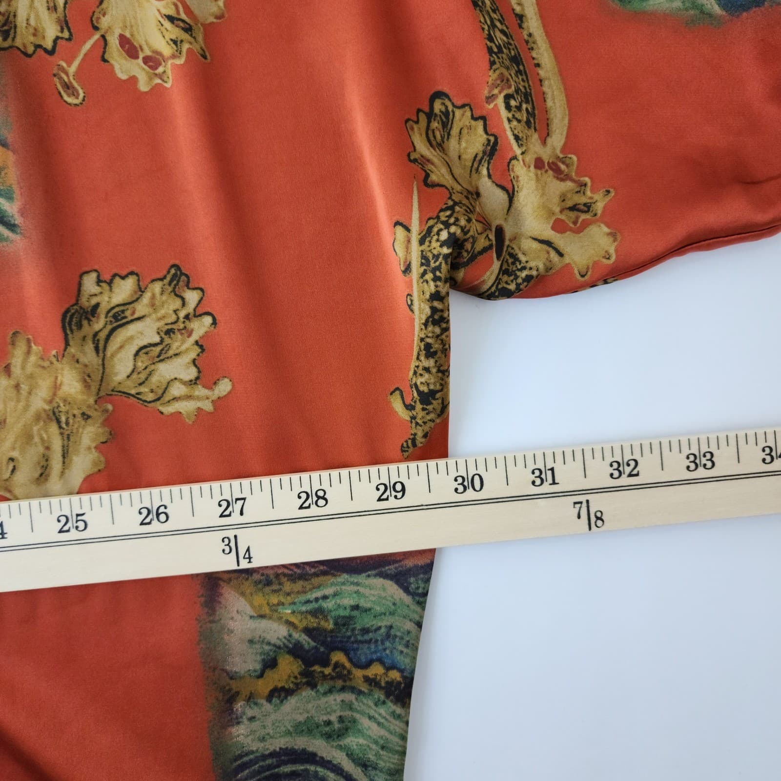 Vintage Style Orange Asian Dragon Bamboo Print Batwing Button Up Blouse Top - Thumbnail 3