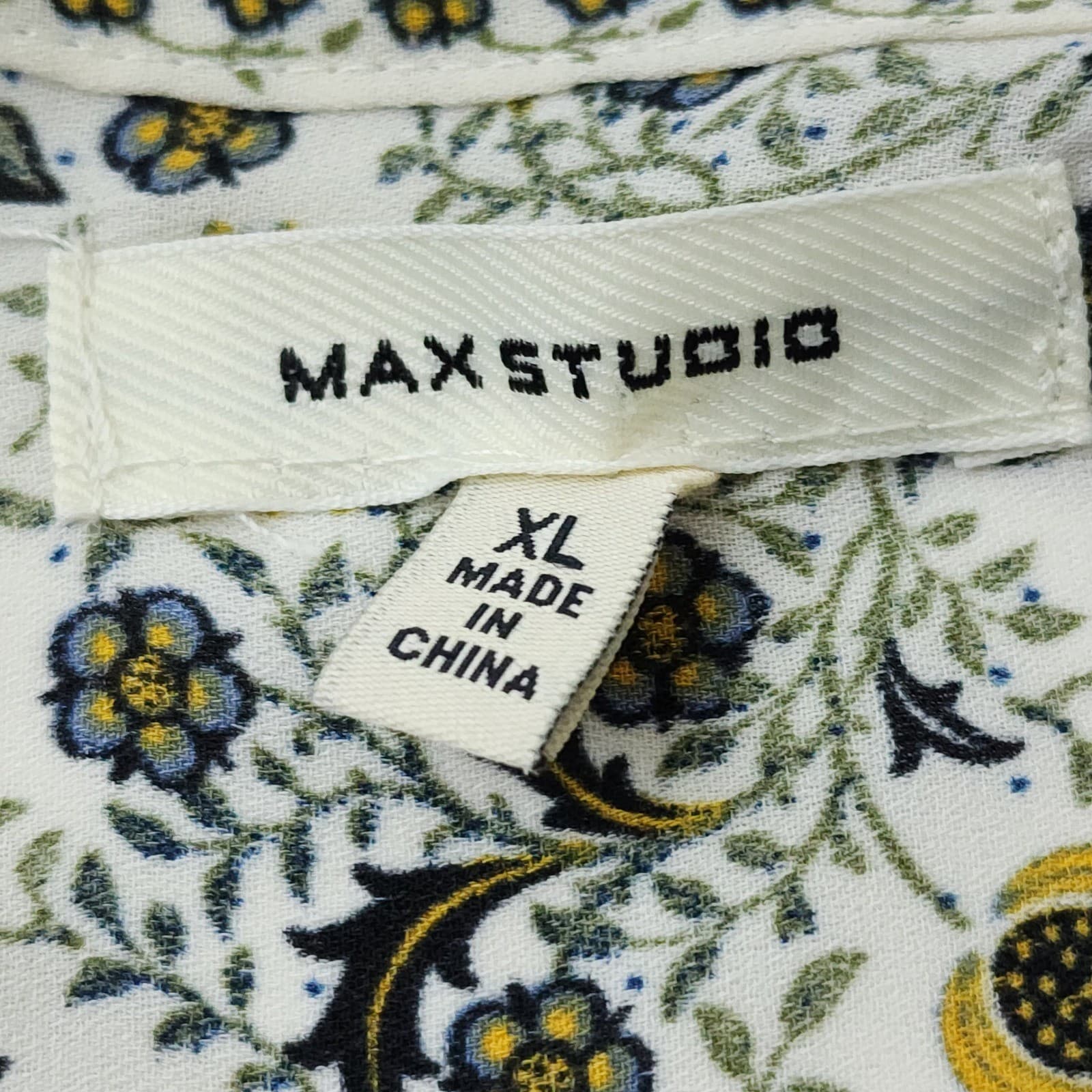Max Studio Floral V-Neck Blouse XL Blue Green White Smocked Cuff Long Sleeve Top - Thumbnail 2