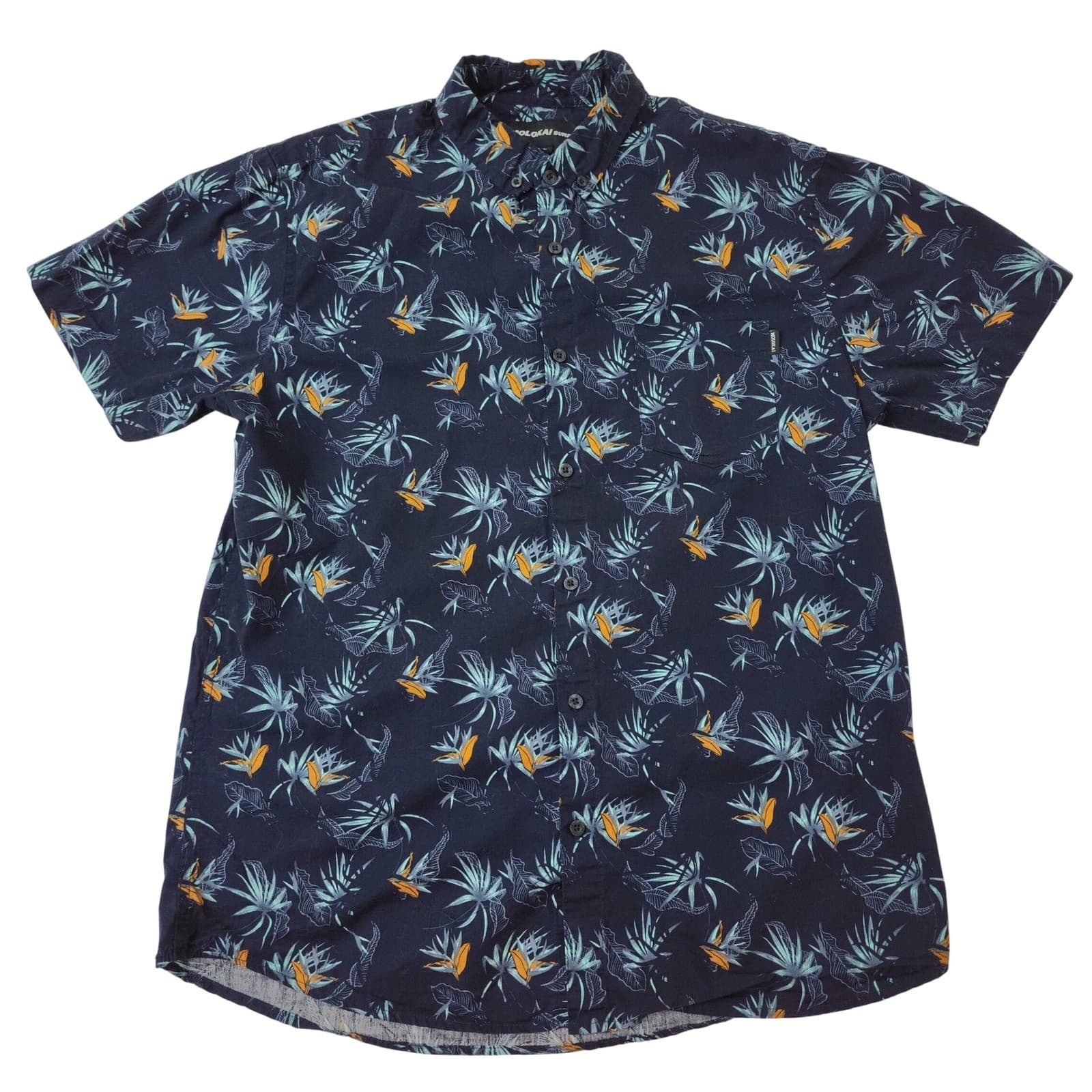 Molokai Surf Co Teens Large Navy Blue Tropical Bird of Paradise Button Up Shirt