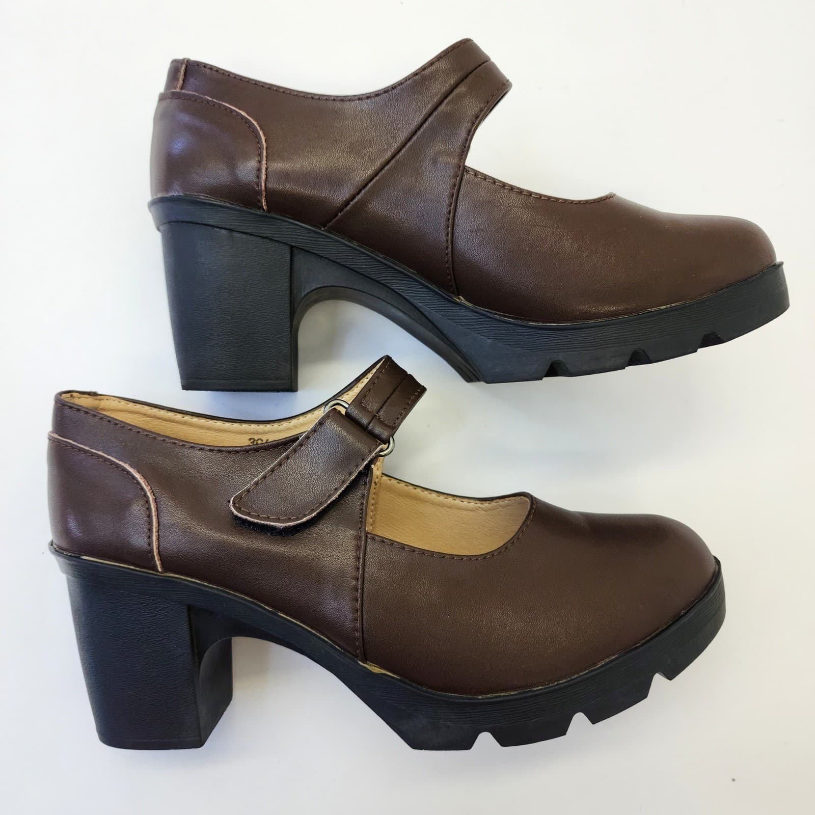 Fashion Brown Mary Jane Block Heel Lug Sole Platform Pumps Size 39 US 8.5 - Thumbnail 2