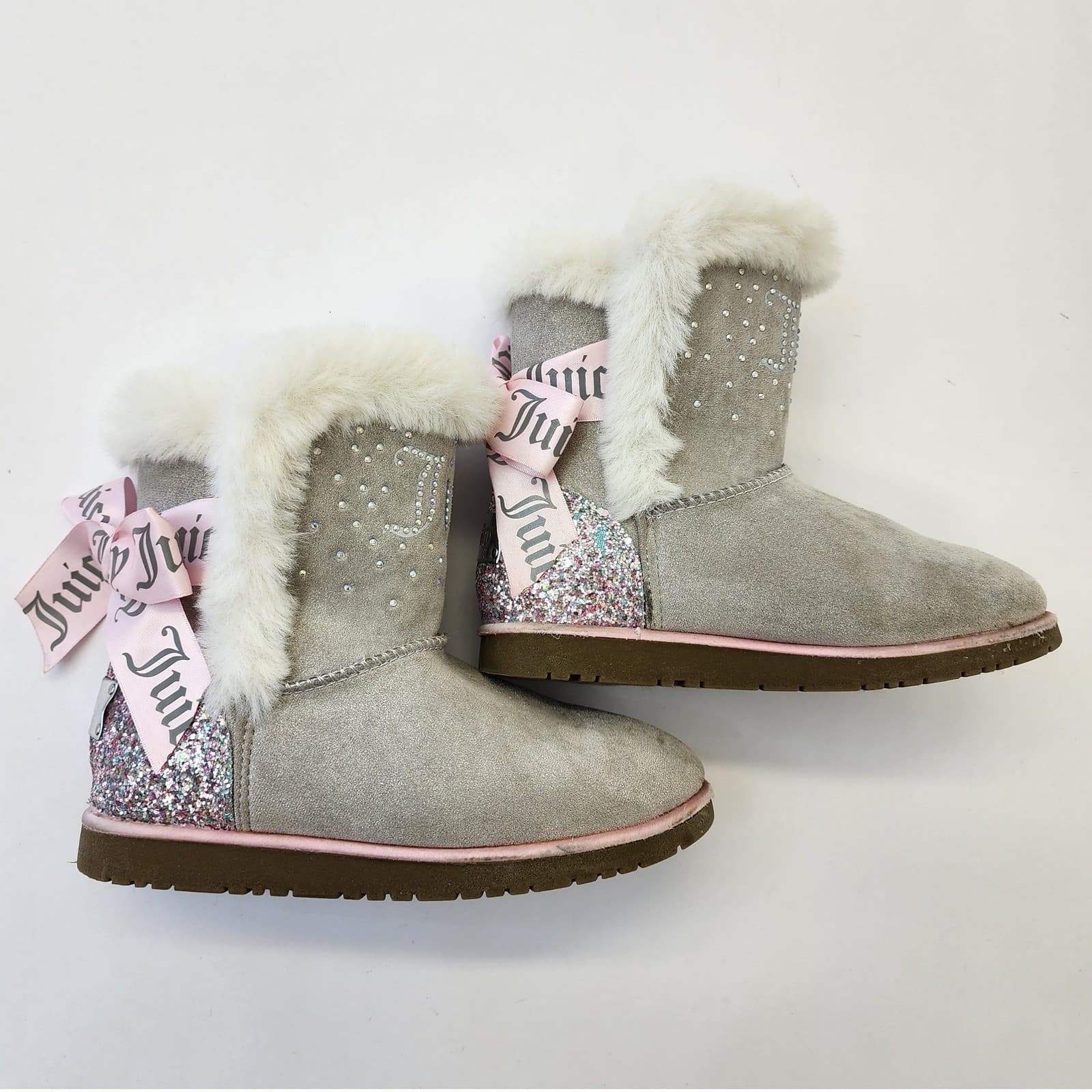 Juicy Couture Claremont Grey Faux Fur Glitter Bow Boots Girls Size 2M - Thumbnail 2