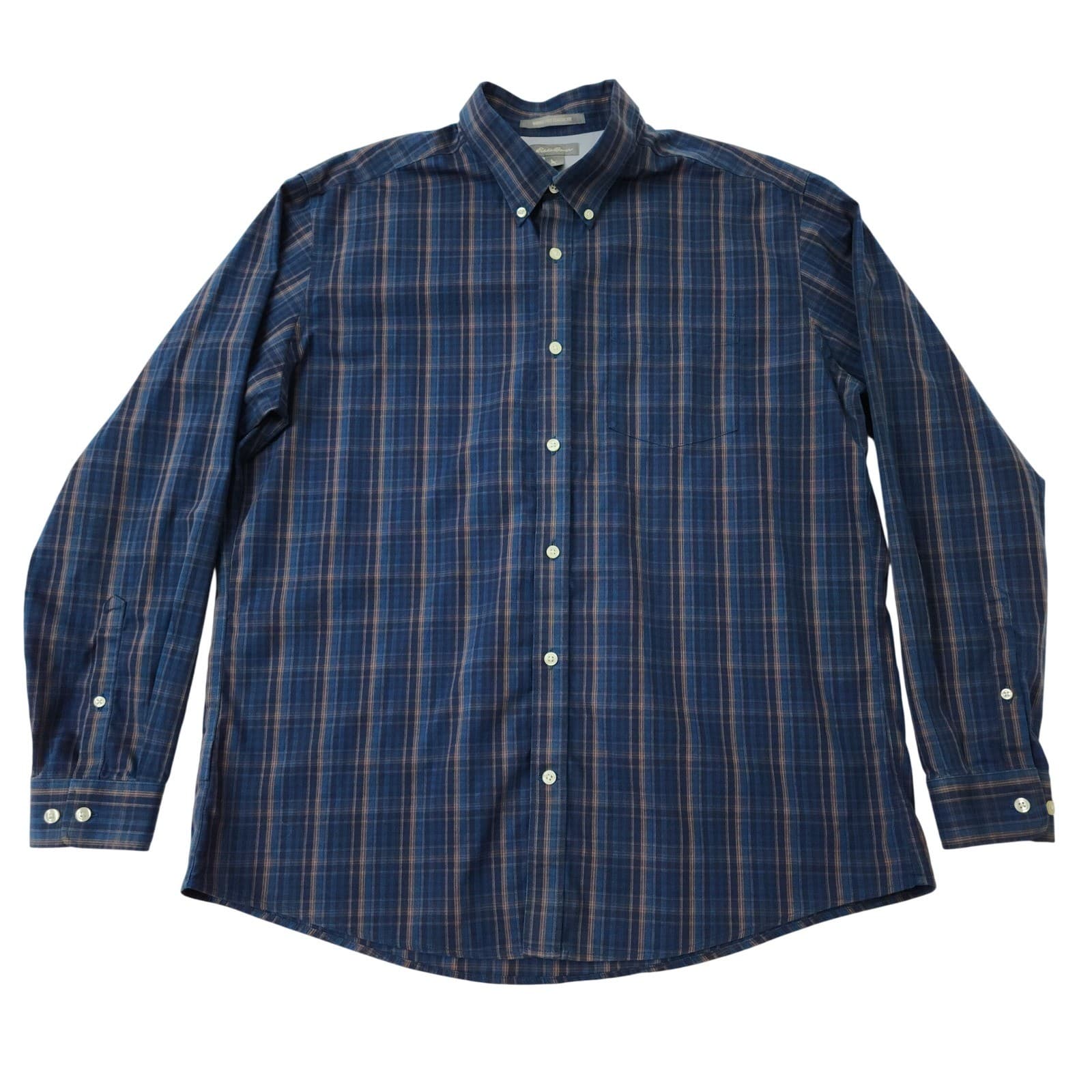Eddie Bauer Mens XL Blue Brown Plaid Wrinkle Free Classic Fit Button Down Shirt