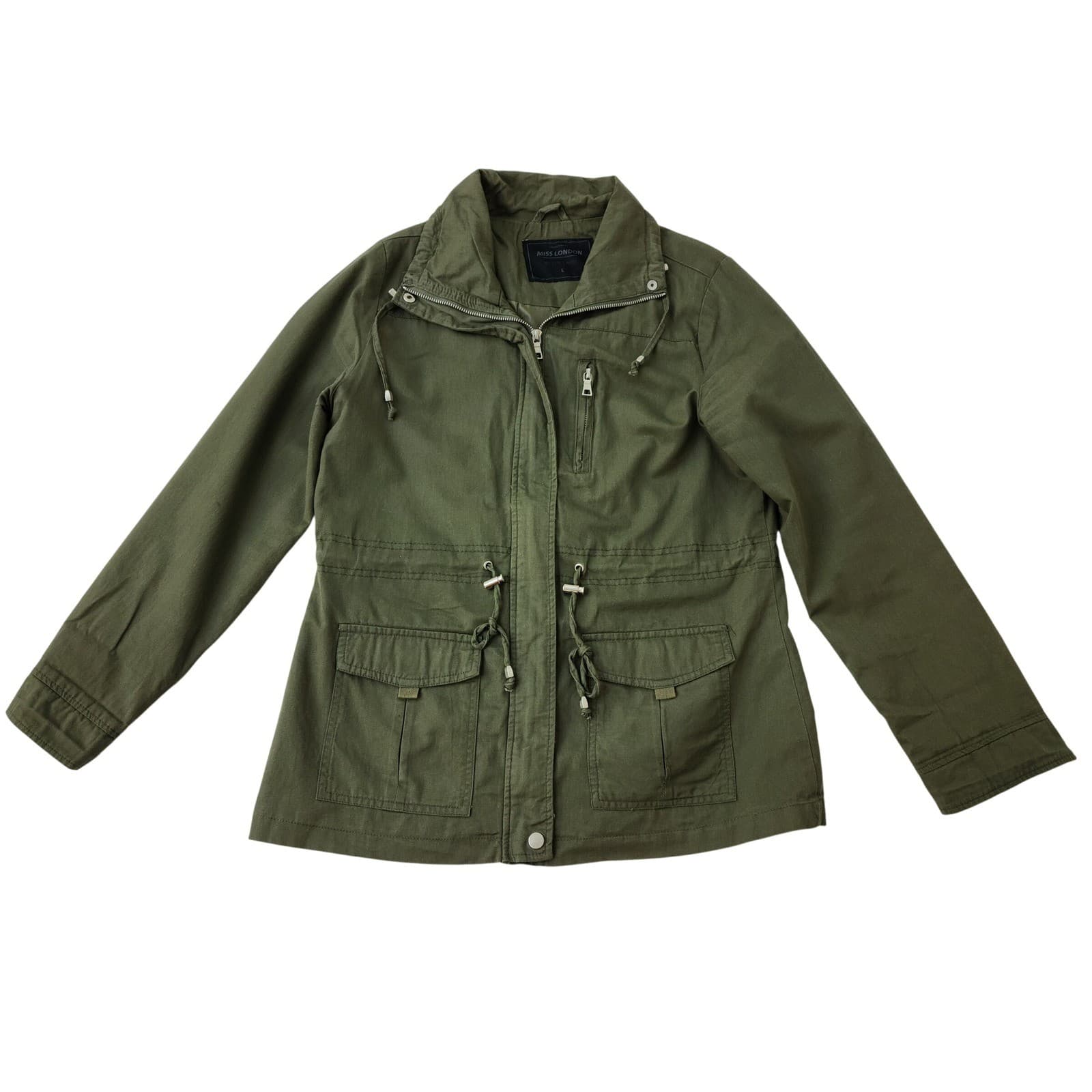 Miss London Black Label Olive Green Utility Jacket Womens Large Drawstring Waist