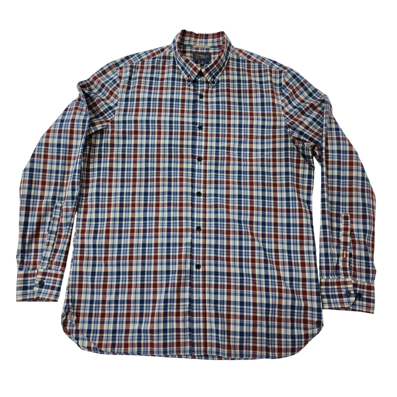 Wallin & Bros Mens XL Blue Burgundy Plaid Button Down Long Sleeve Shirt Pocket