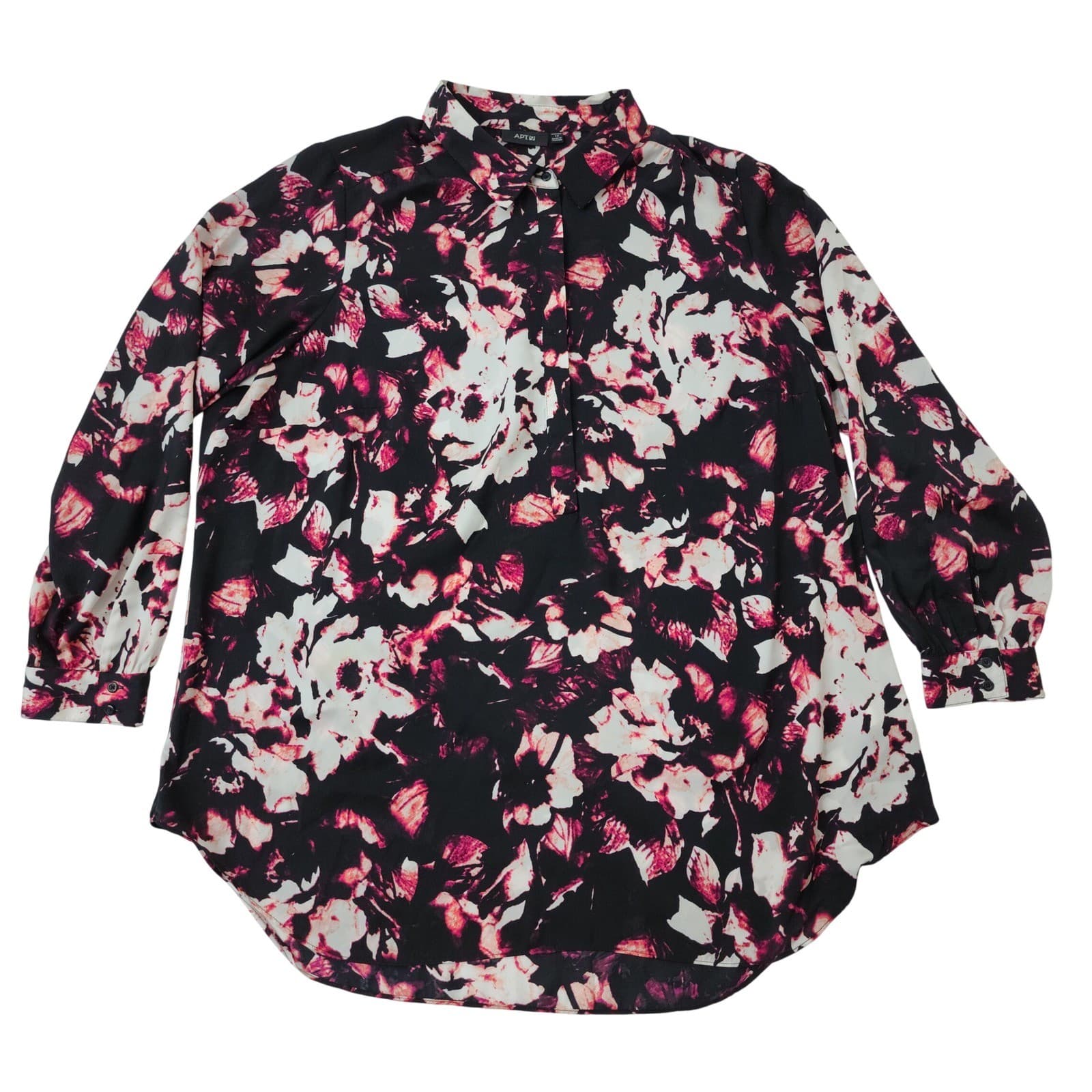 Apt. 9 Womens 1X Floral Tunic Blouse Black Pink White Long Sleeve Collared Top