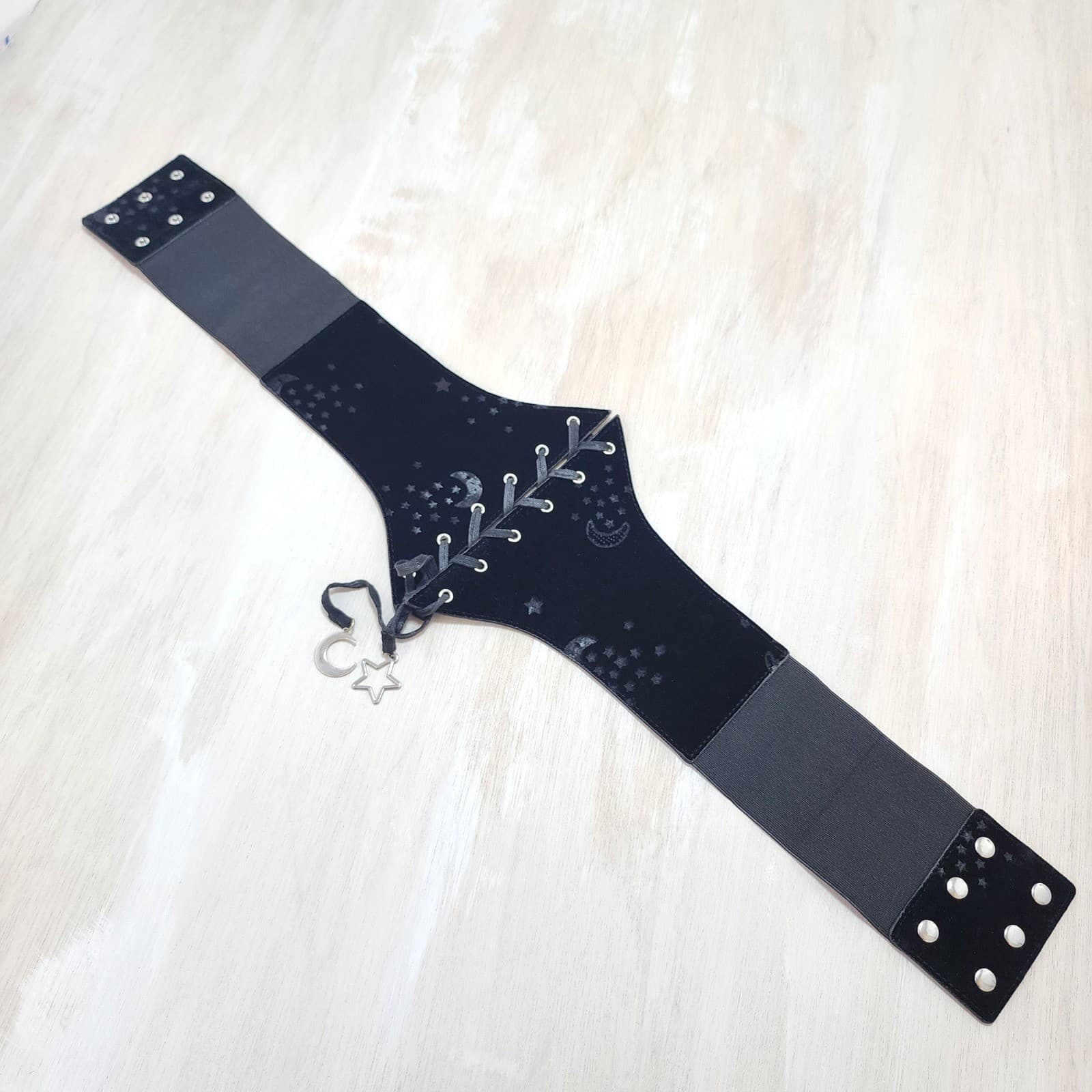 Black Velvet Celestial Moon Star Lace Up Corset Waist Belt Gothic Witchy Cinch S - Thumbnail 4
