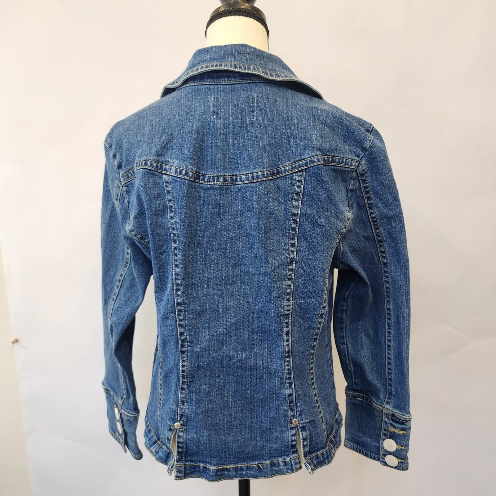 AMX Womens Petite XL Denim Jacket Medium Wash White Buttons Stretch 56449P - Thumbnail 8