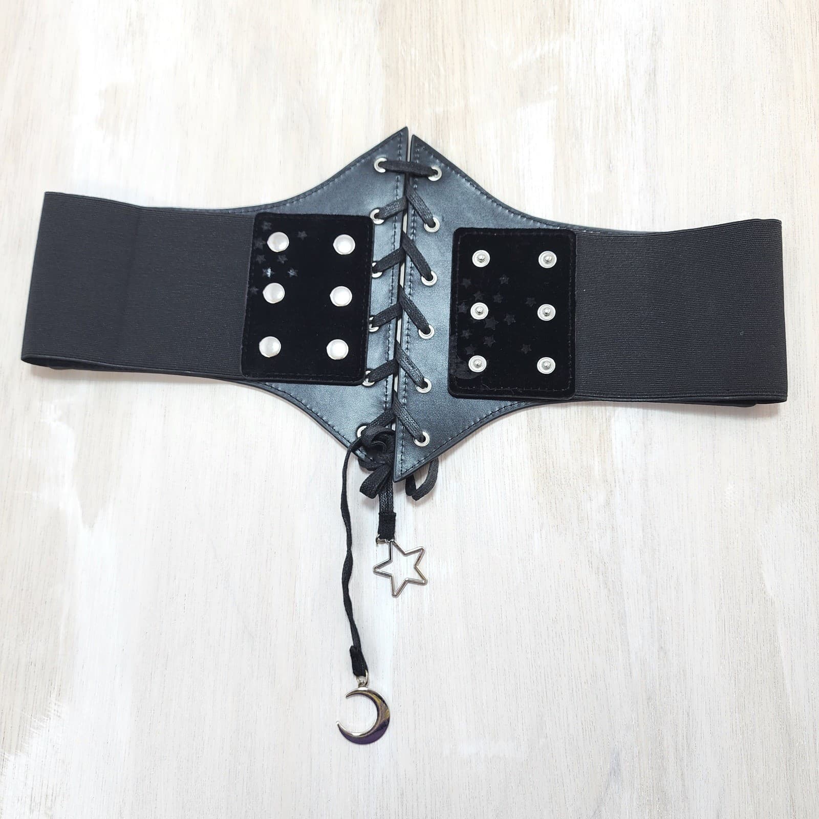Black Velvet Celestial Moon Star Lace Up Corset Waist Belt Gothic Witchy Cinch S - Thumbnail 5