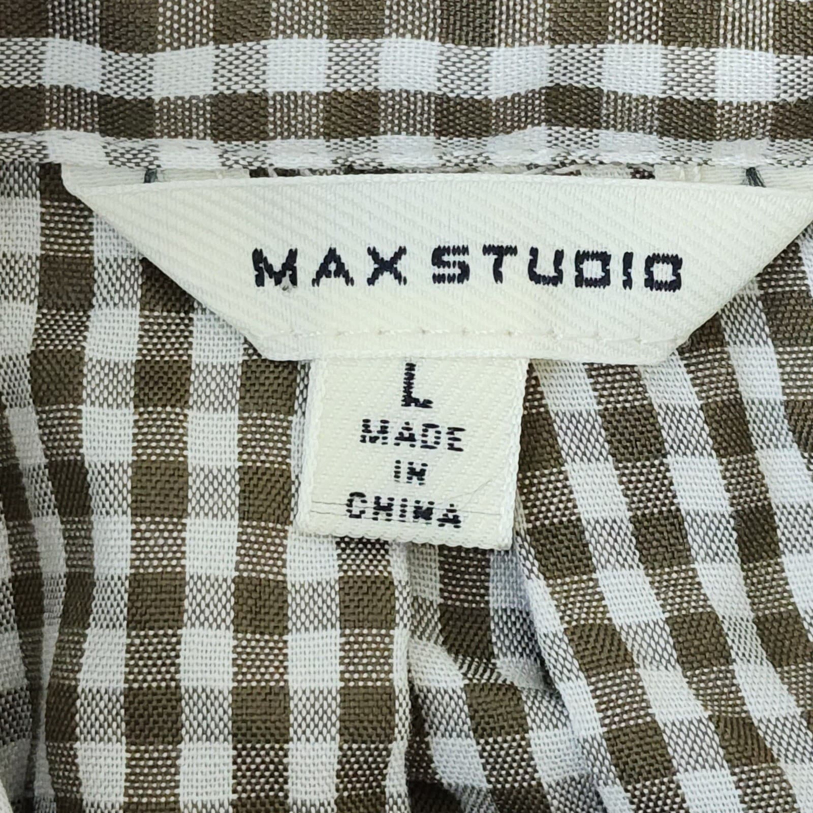 Max Studio Olive Green Gingham Button Down Shirt Roll Tab Sleeve Large - Thumbnail 7