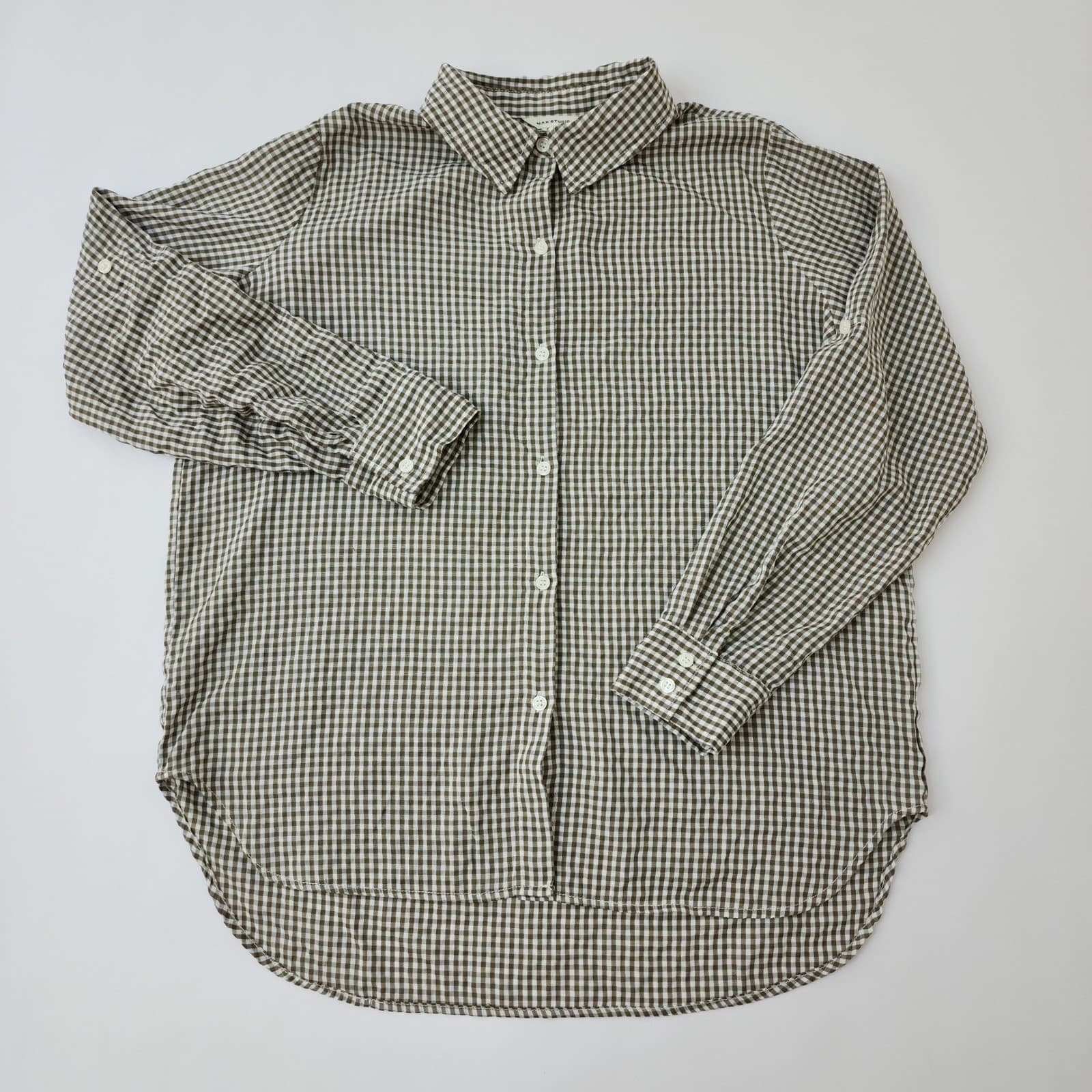 Max Studio Olive Green Gingham Button Down Shirt Roll Tab Sleeve Large